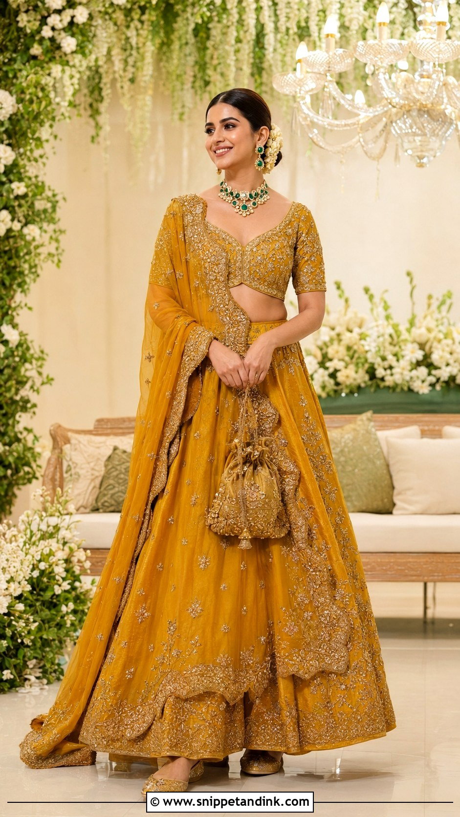 Mustard Yellow Bridal Lehenga With Green Jewelry - Snippet and Ink - 20 Yellow Bride Ideas