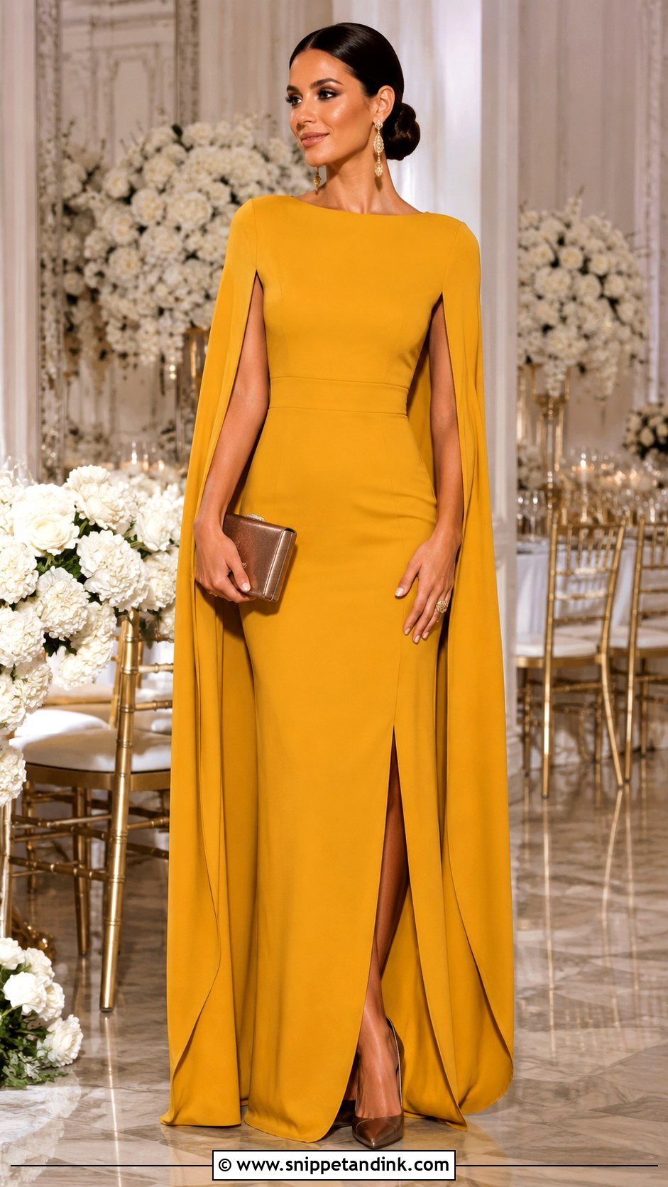 Mustard Yellow Cape Sleeve Maxi Dress Wedding Outfit - Snippet and Ink - 20 Mustard Yellow Dress Outfit Wedding Ideas