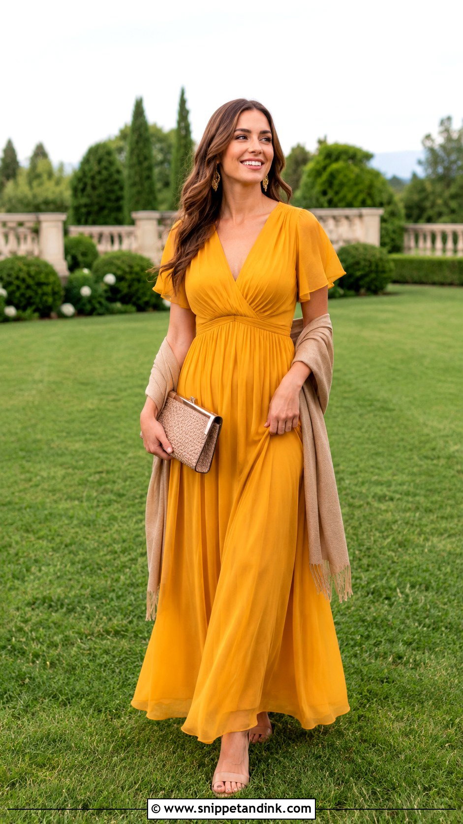 Mustard Yellow Chiffon Maxi Dress Wedding Outfit - Snippet and Ink - 20 Mustard Yellow Dress Outfit Wedding Ideas