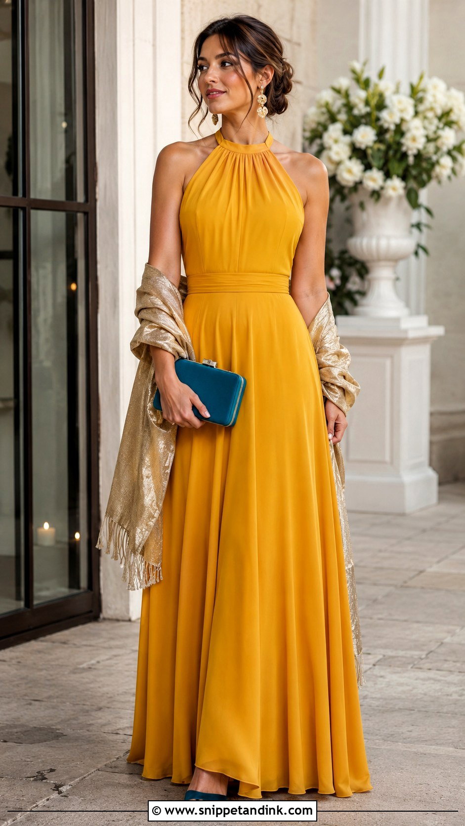 Mustard Yellow Halter Maxi Dress Wedding Outfit - Snippet and Ink - 20 Mustard Yellow Dress Outfit Wedding Ideas