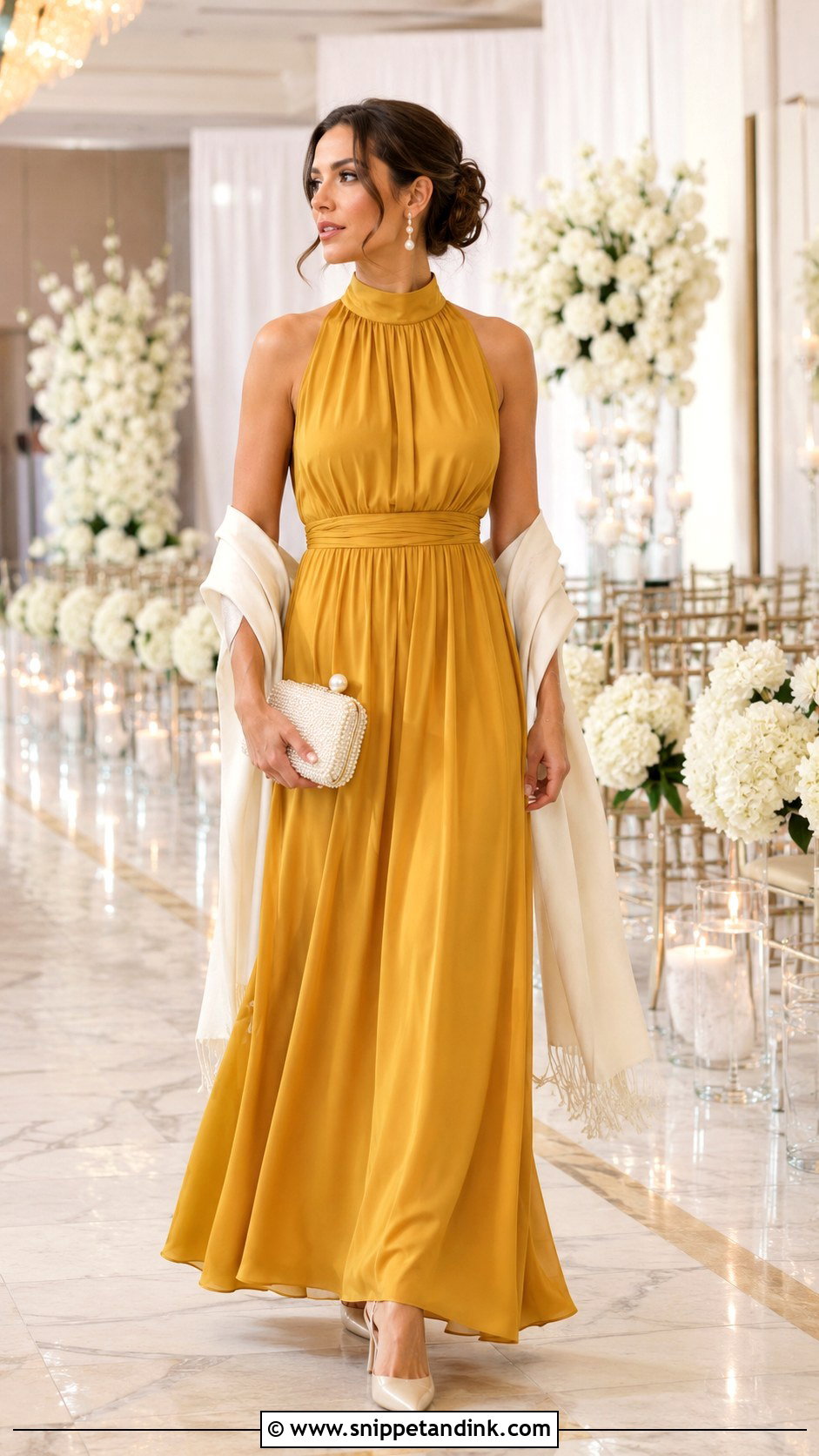 Mustard Yellow High Neck Maxi Dress Wedding Outfit - Snippet and Ink - 20 Mustard Yellow Dress Outfit Wedding Ideas