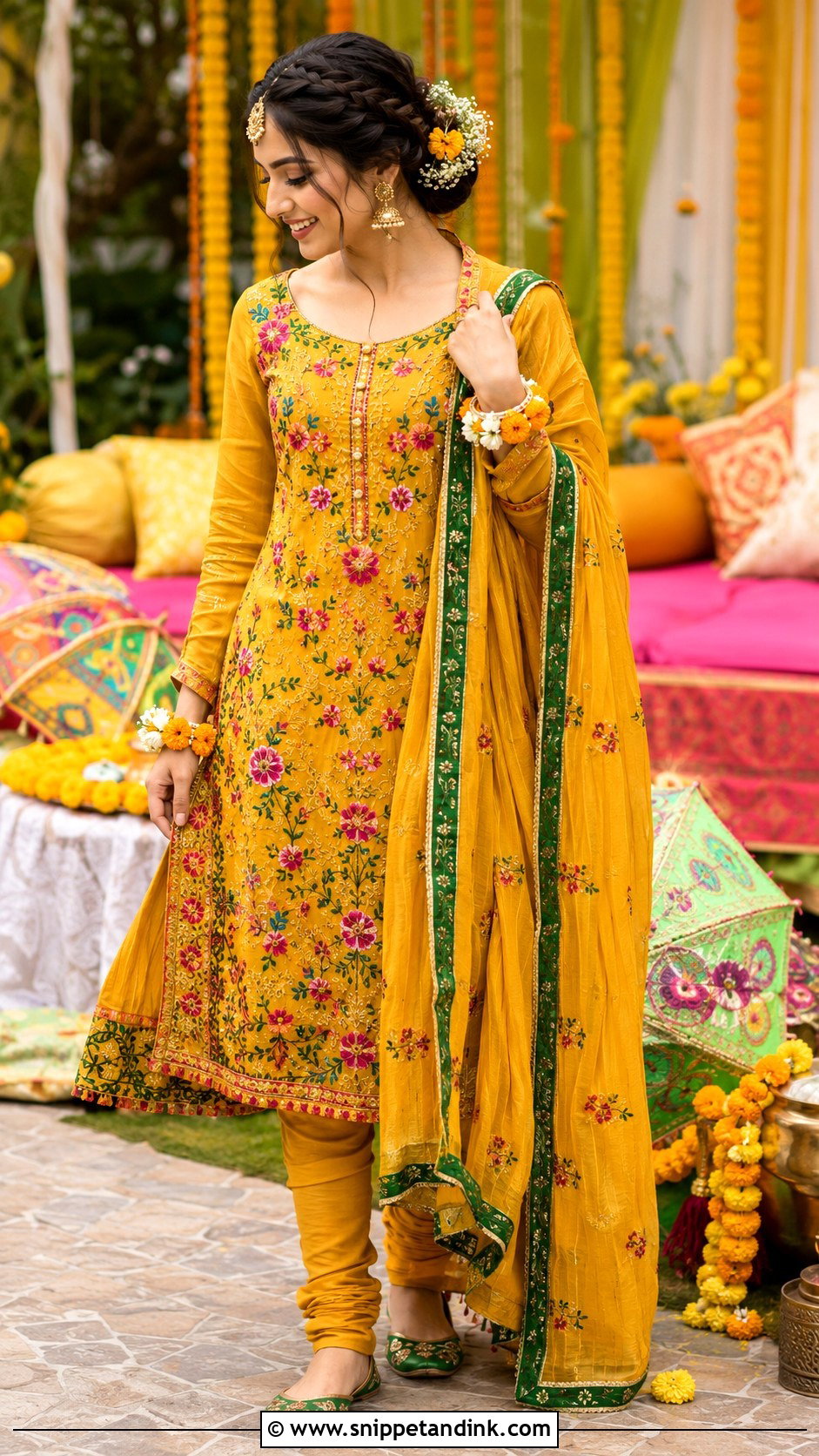 Mustard Yellow Khada Dupatta Mehndi Outfit - Snippet and Ink - 20 Khada Duppata Hyderabadi Ideas