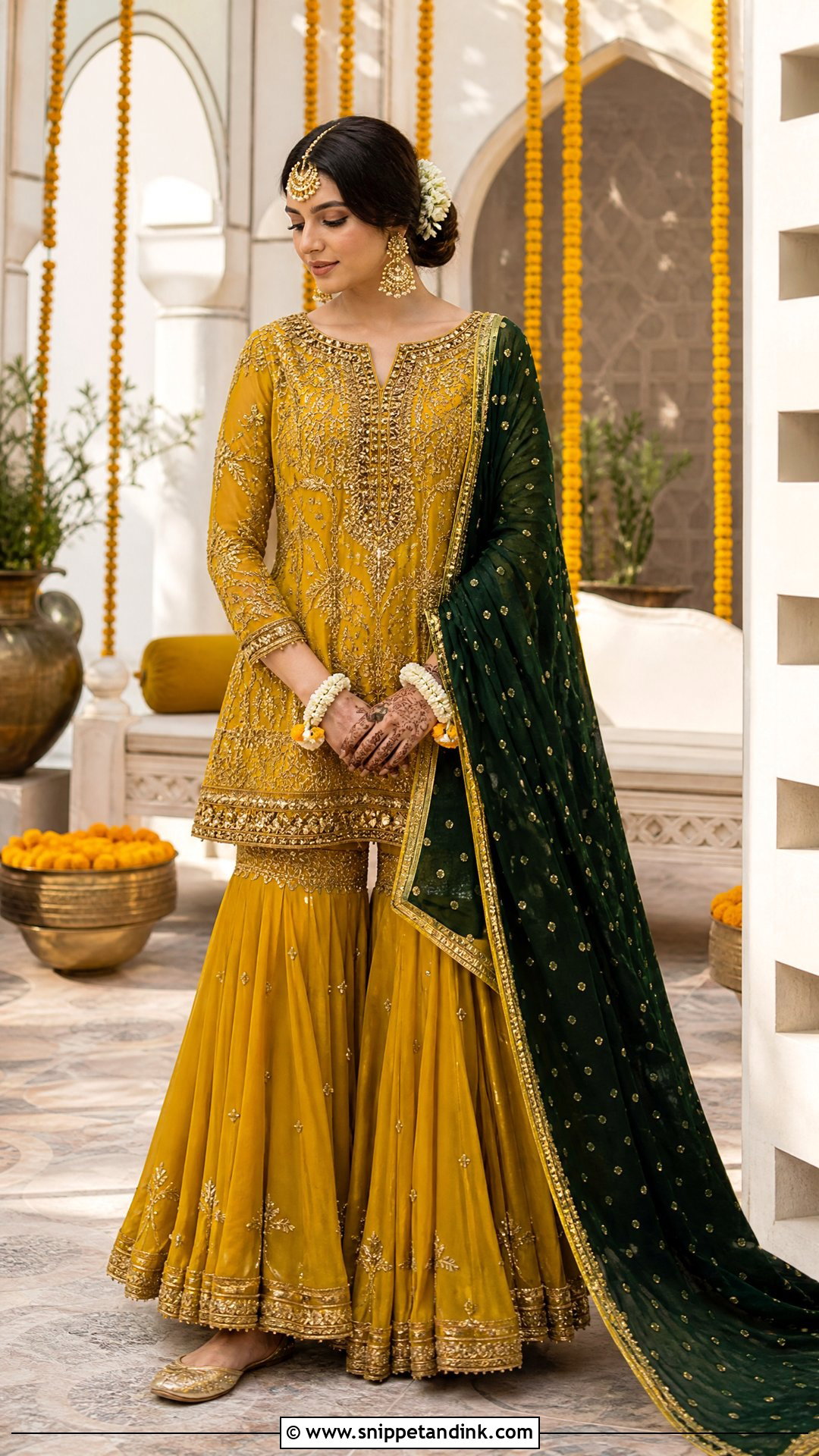 Mustard Yellow Mehndi Bridal Gharara - Snippet and Ink - 25 Mehndi Bridal Dress Ideas