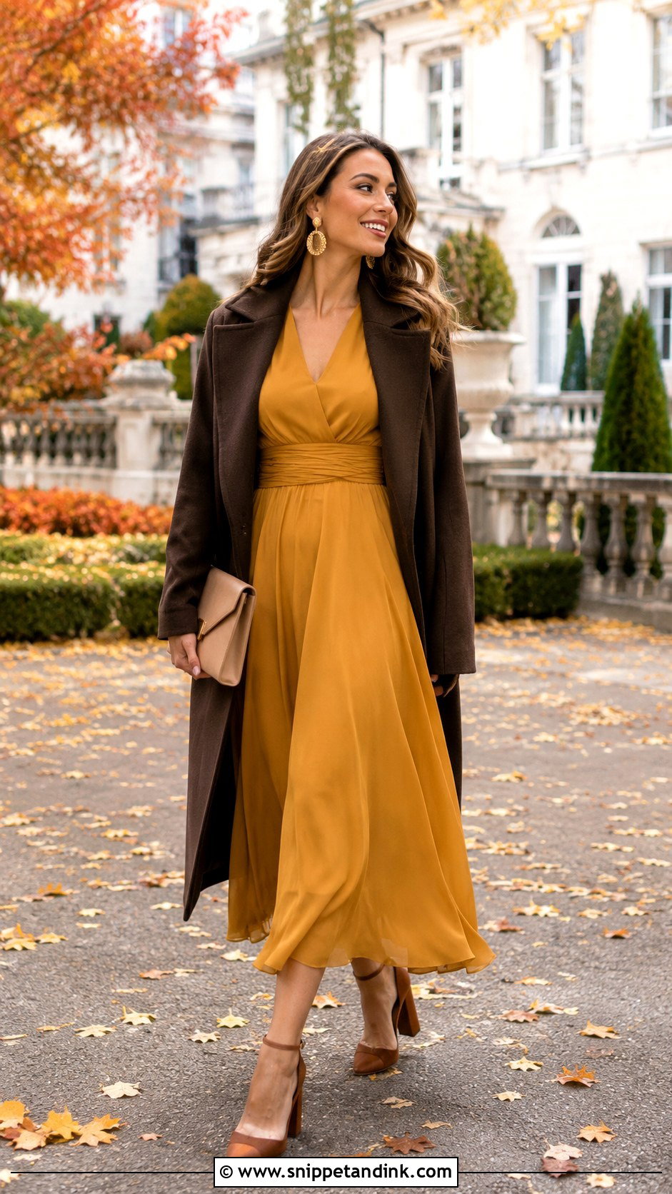 Mustard Yellow Midi Dress Fall Wedding Outfit - Snippet and Ink - 20 Fall Semi Formal Wedding Attire Ideas