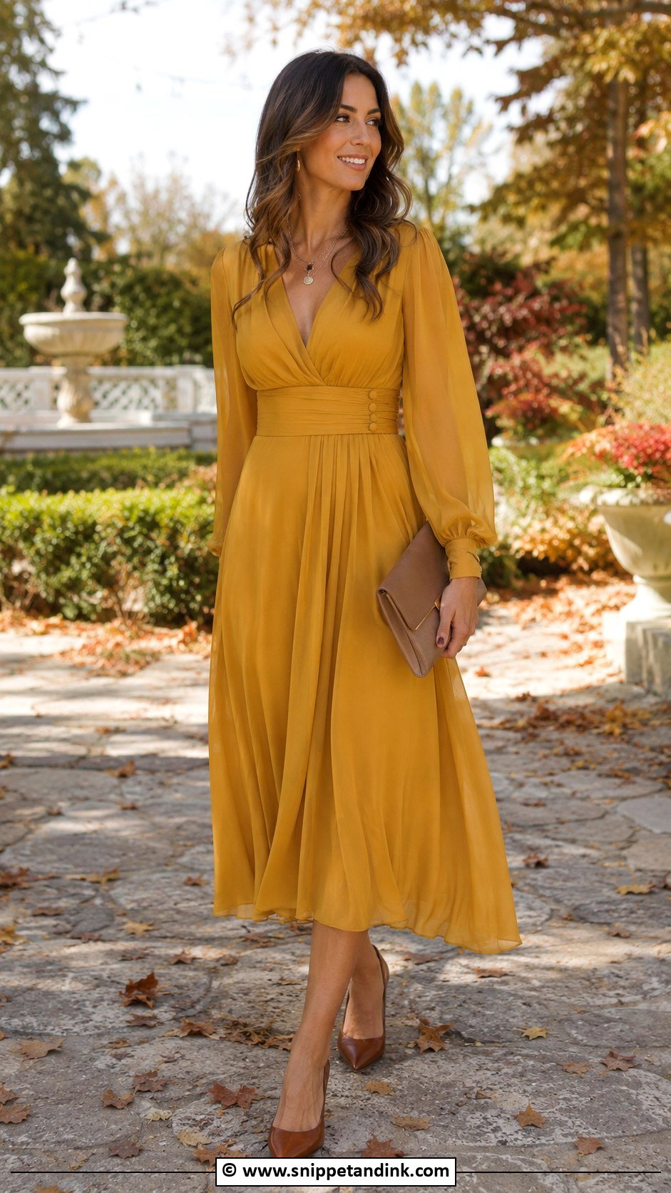 Mustard Yellow Midi Dress Outfit - Snippet and Ink - 30 Autumn Wedding Dress Ideas