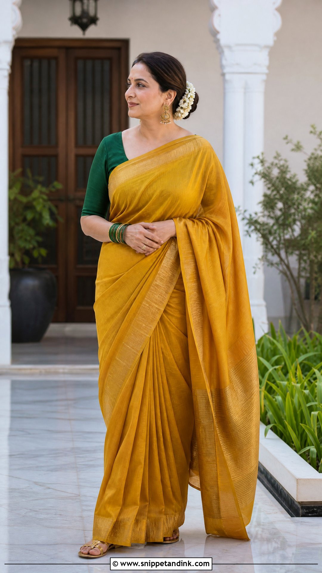 Mustard Yellow Pithi Silk Saree With Green Blouse - Snippet and Ink - 20 Yellow Pithi Outfit Ideas