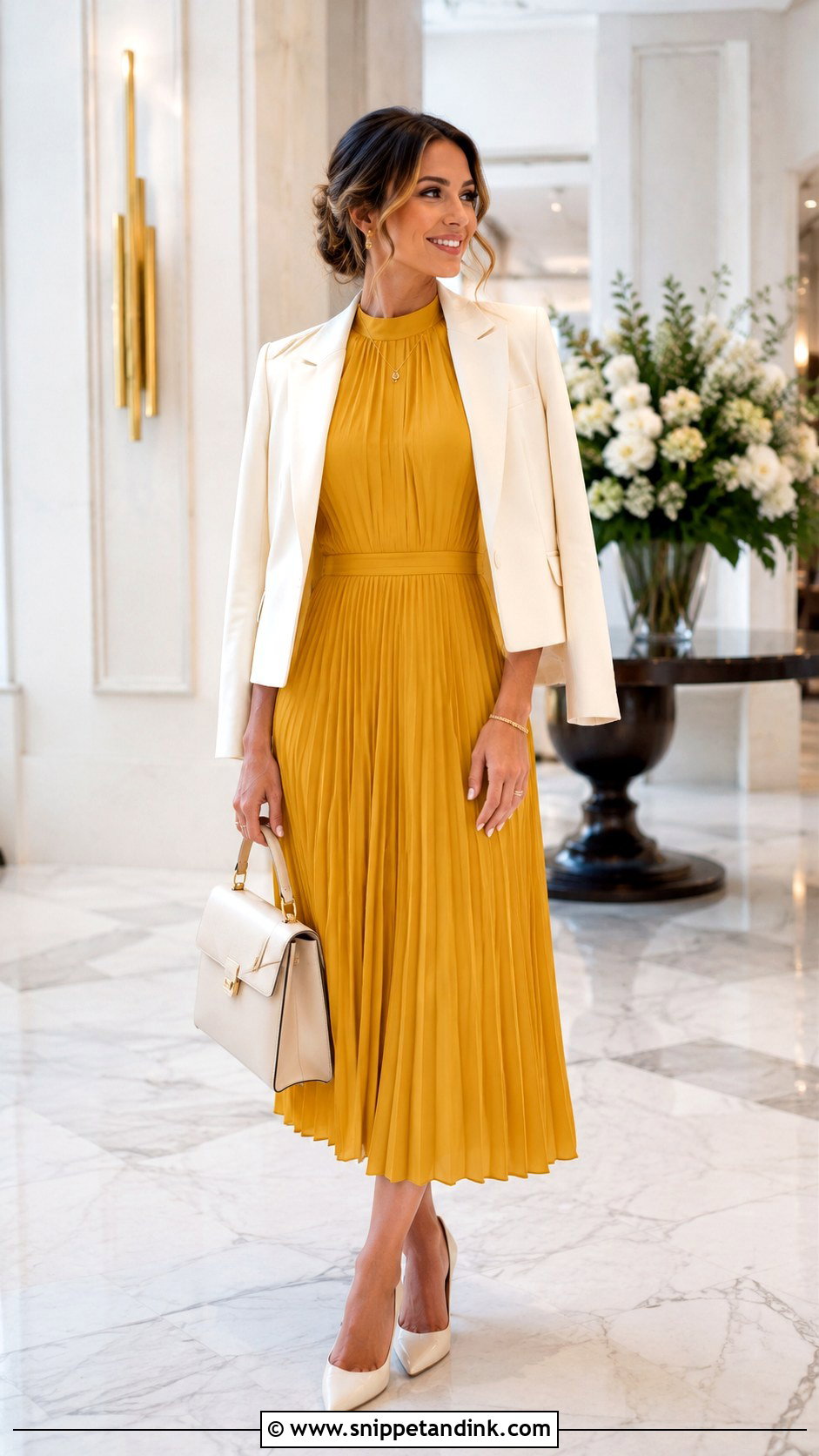 Mustard Yellow Pleated Midi Dress Wedding Outfit - Snippet and Ink - 20 Mustard Yellow Dress Outfit Wedding Ideas