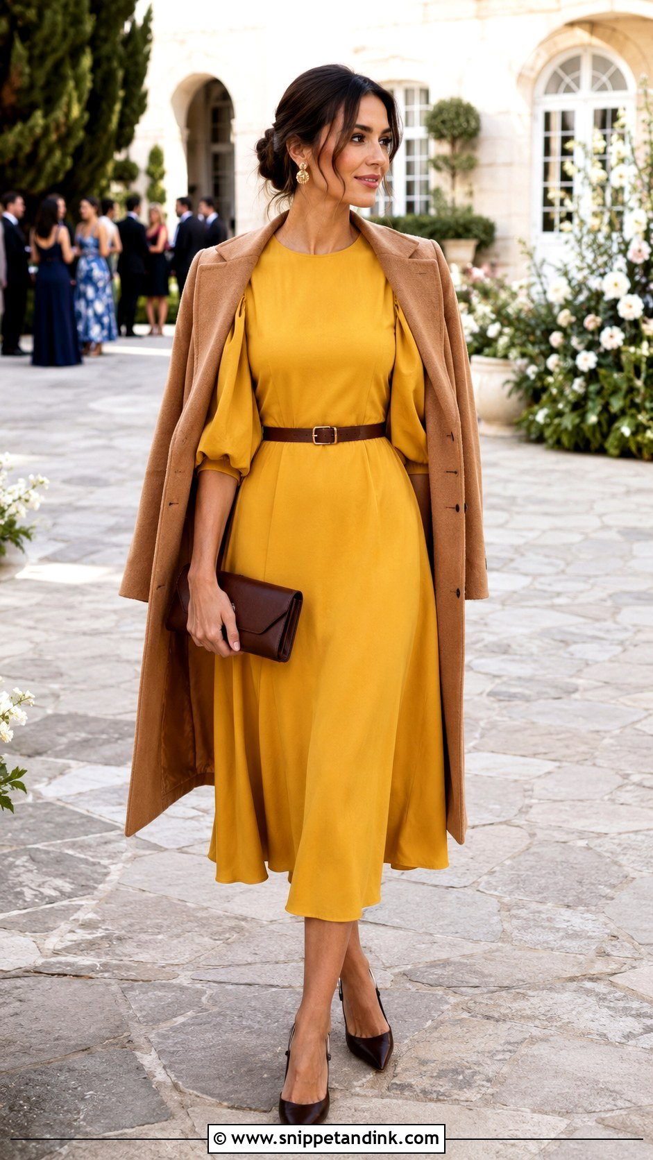 Mustard Yellow Puff Sleeve Midi Dress Wedding Outfit - Snippet and Ink - 20 Mustard Yellow Dress Outfit Wedding Ideas