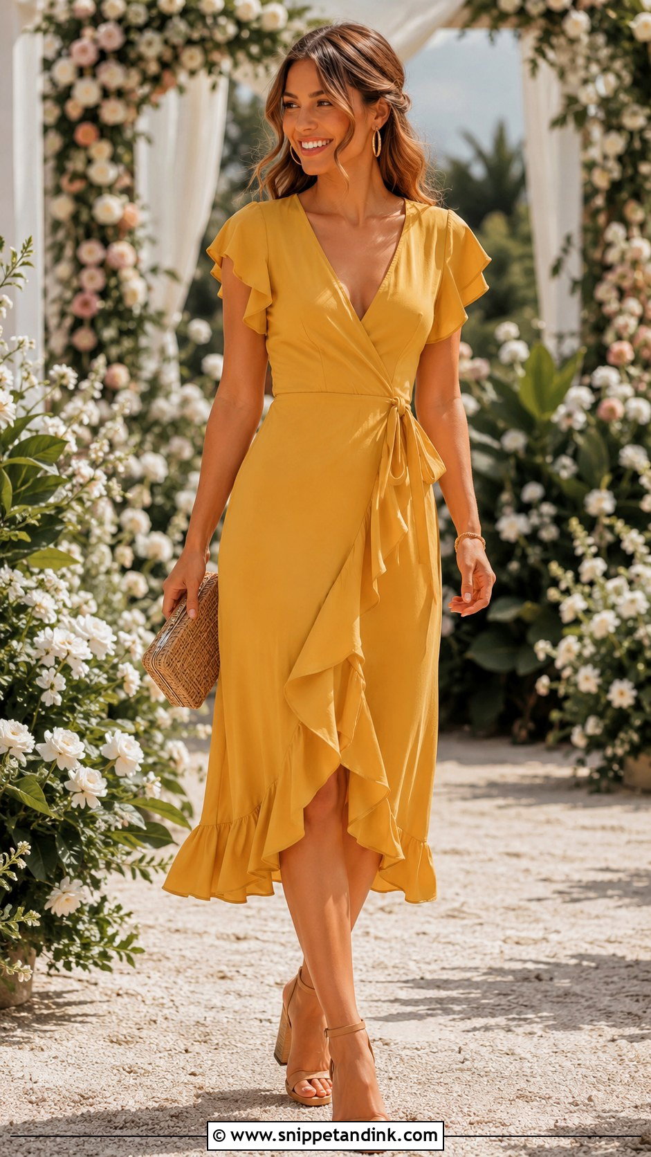 Mustard Yellow Ruffle Midi Dress Wedding Outfit - Snippet and Ink - 20 Mustard Yellow Dress Outfit Wedding Ideas