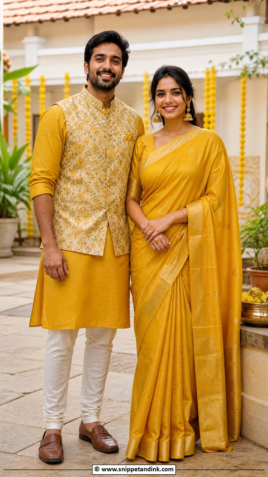 Mustard Yellow Saree And Mustard Kurta - Snippet and Ink - 35 Indian Couple Matching Dress Ideas