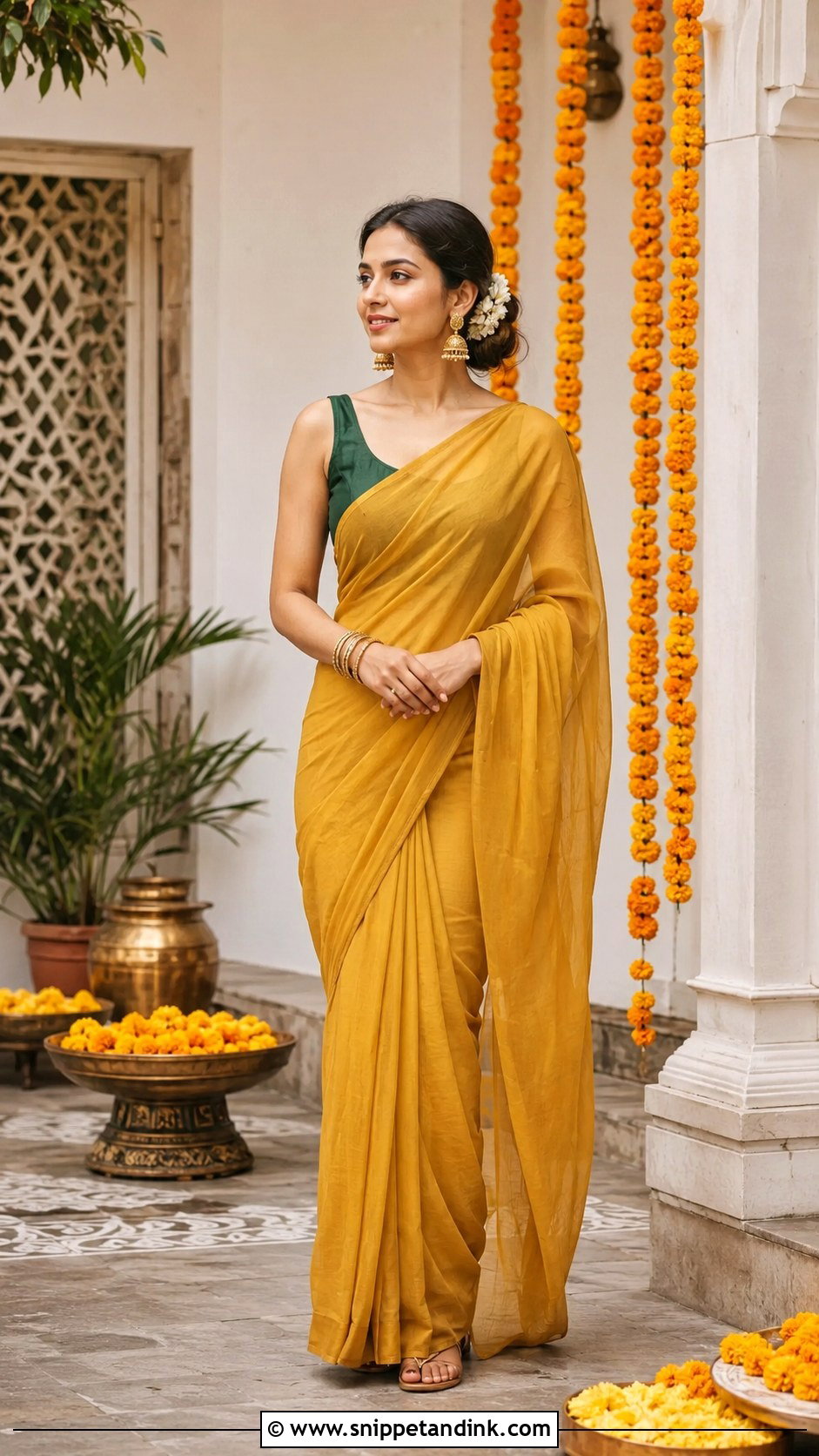 Mustard Yellow Saree For Haldi Function - Snippet and Ink - 30 Haldi Function Outfit Ideas