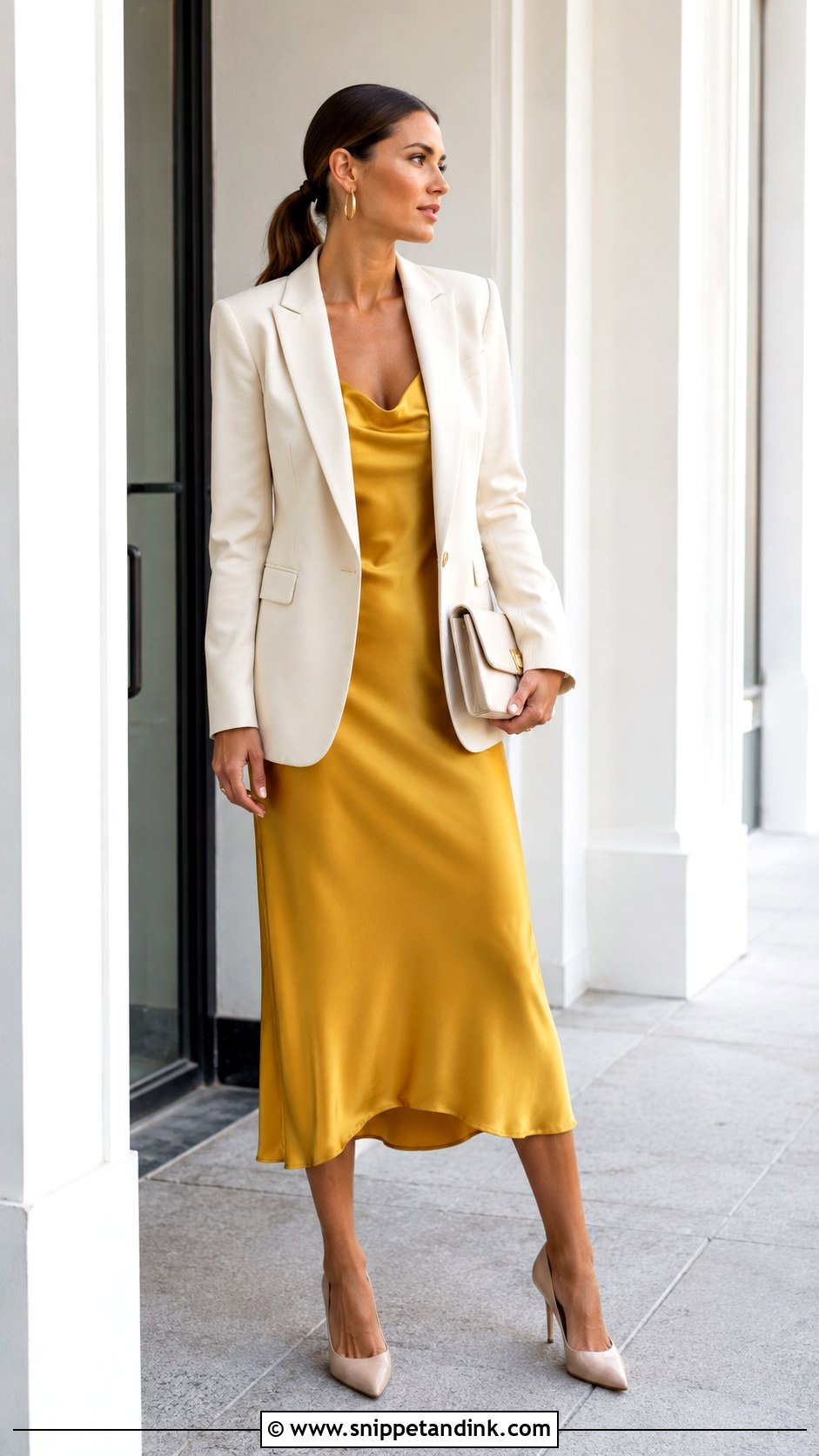 Mustard Yellow Slip Dress With Blazer Wedding Outfit - Snippet and Ink - 20 Mustard Yellow Dress Outfit Wedding Ideas