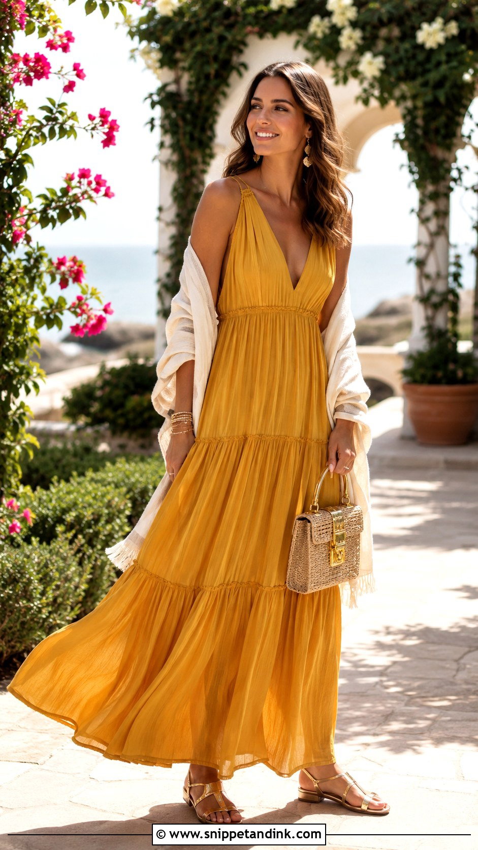 Mustard Yellow Tiered Maxi Dress Wedding Outfit - Snippet and Ink - 20 Mustard Yellow Dress Outfit Wedding Ideas