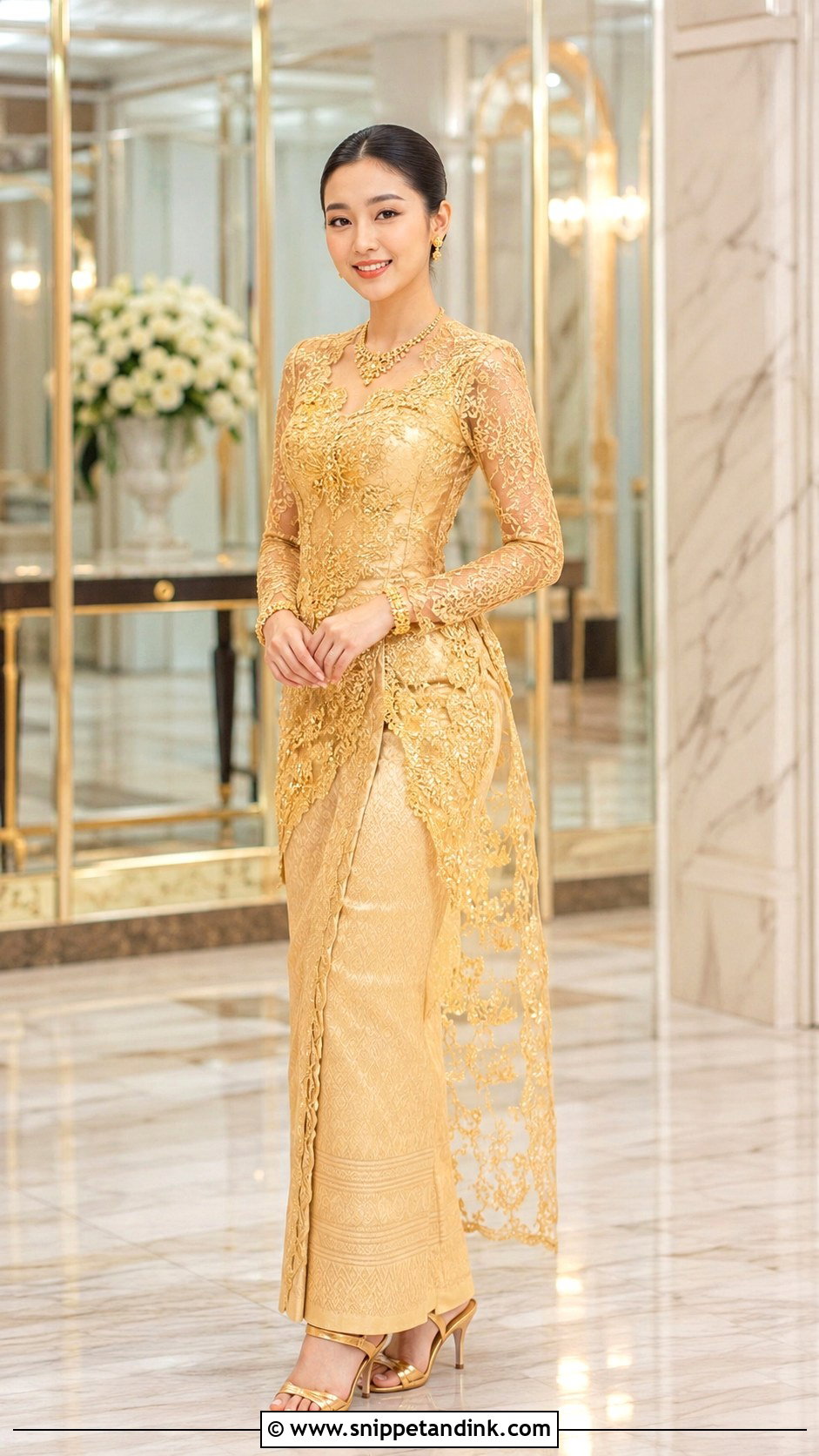 Myanmar Wedding Dress With Gold Lace Overlay - Snippet and Ink - 25 Myanmar Traditional Wedding Dress Ideas