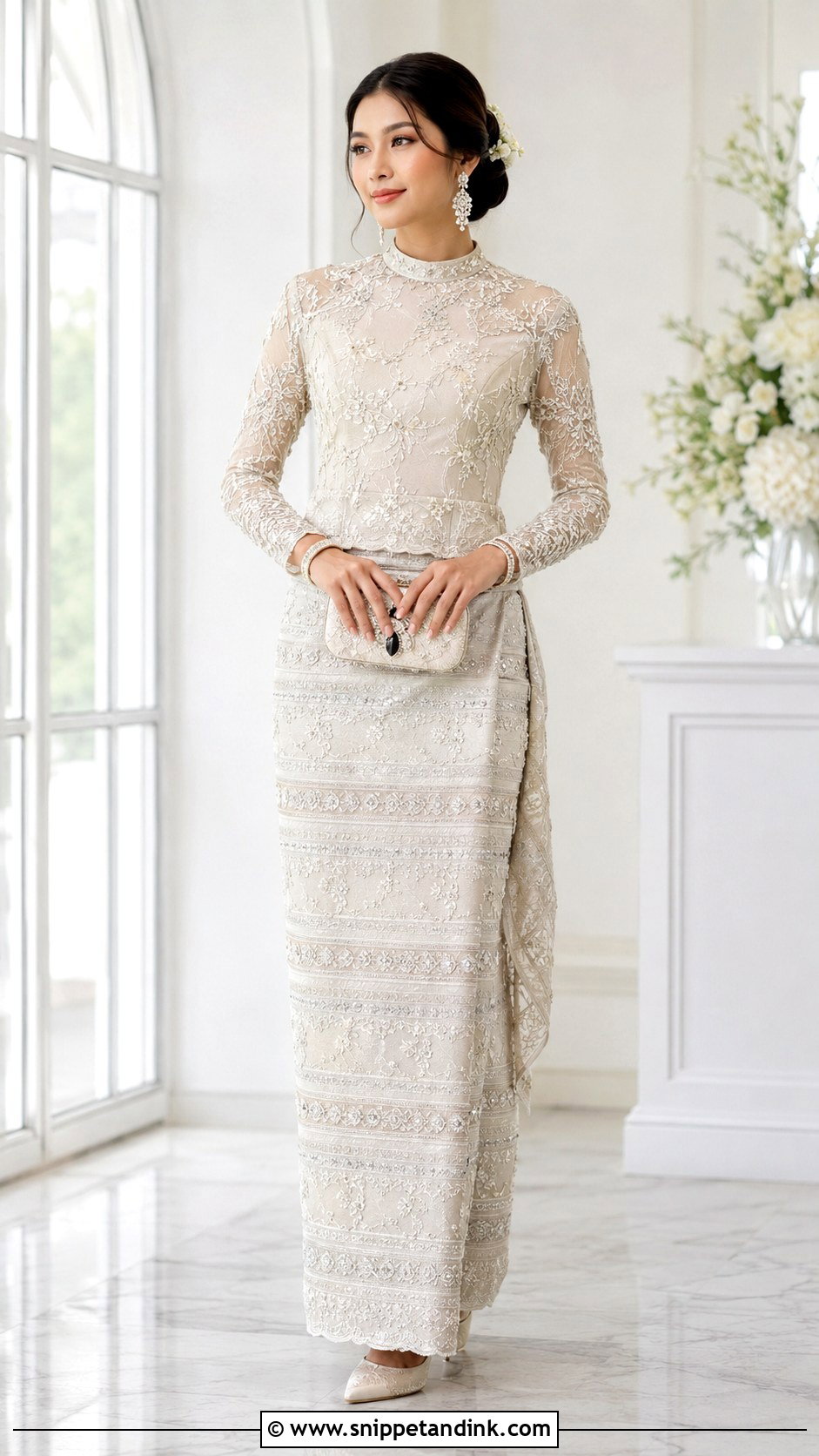 Myanmar Wedding Dress With High Neck Blouse - Snippet and Ink - 25 Myanmar Traditional Wedding Dress Ideas