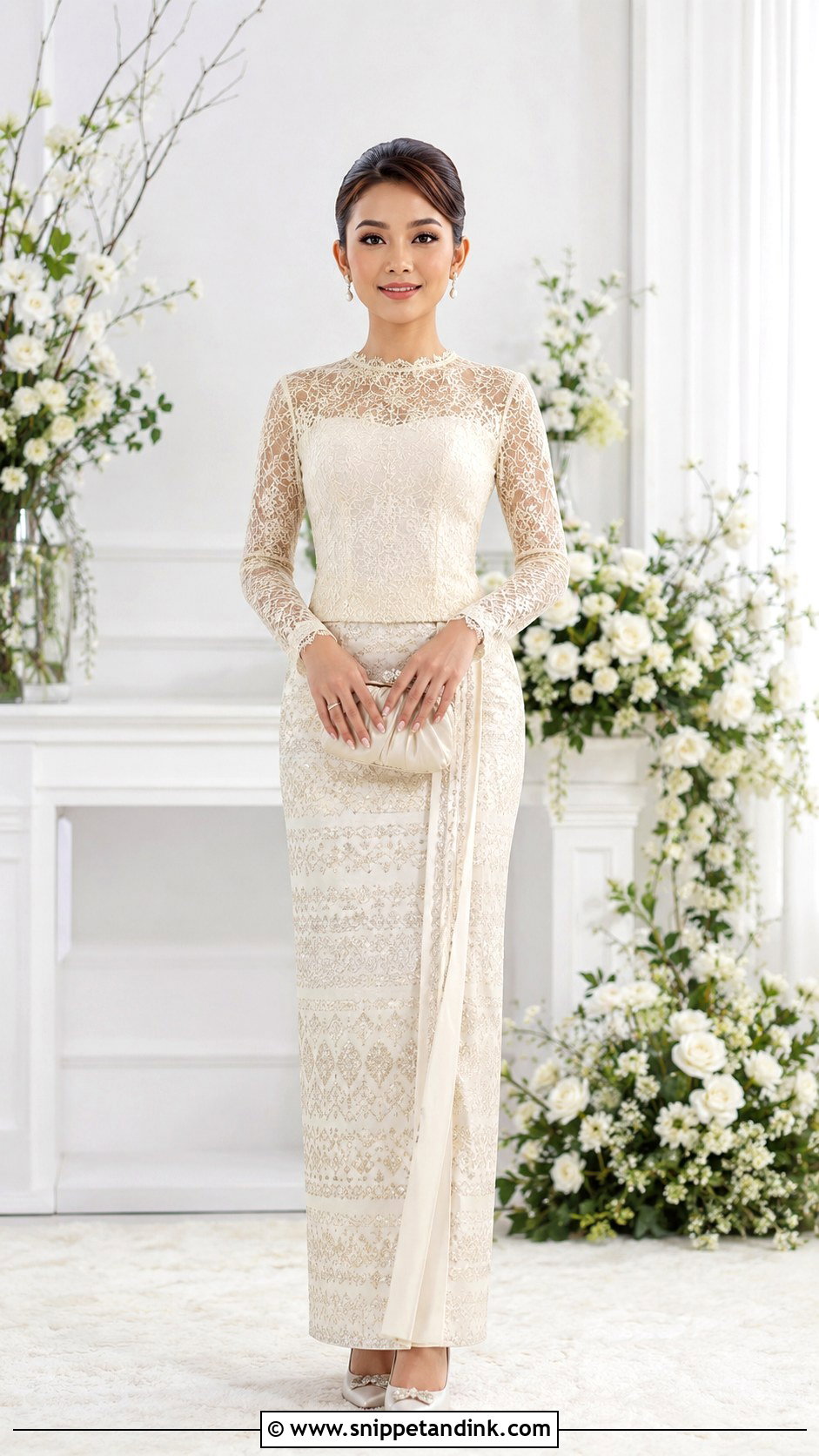 Myanmar Wedding Dress With Long Sleeve Lace - Snippet and Ink - 25 Myanmar Traditional Wedding Dress Ideas
