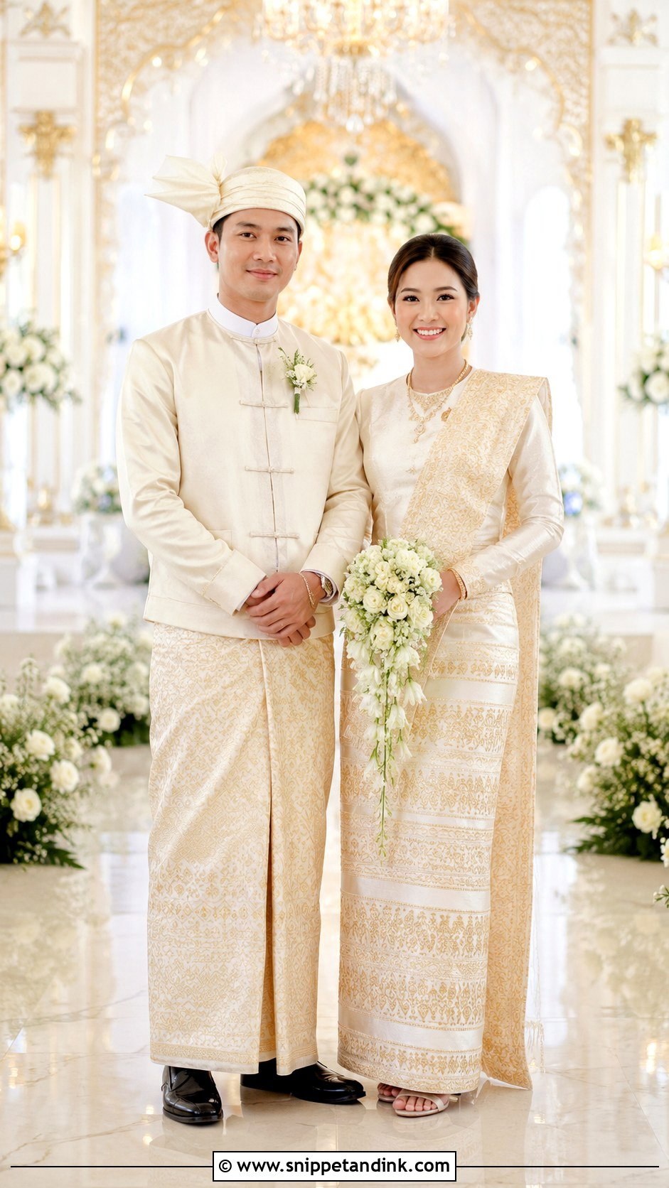 Myanmar Wedding Dress With Matching Groom Outfit - Snippet and Ink - 25 Myanmar Traditional Wedding Dress Ideas