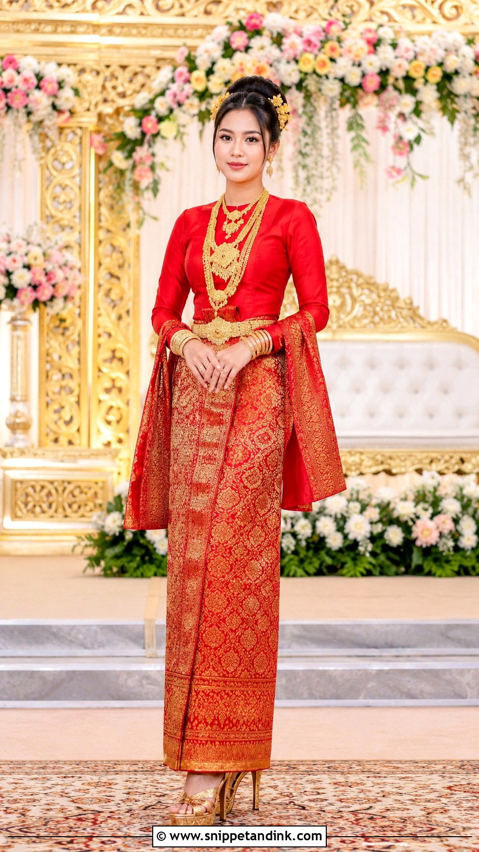 Myanmar Wedding Dress With Red And Gold Colors - Snippet and Ink - 25 Myanmar Traditional Wedding Dress Ideas