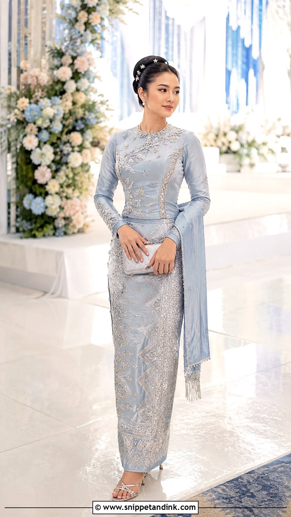 Myanmar Wedding Dress With Silver Embroidery - Snippet and Ink - 25 Myanmar Traditional Wedding Dress Ideas