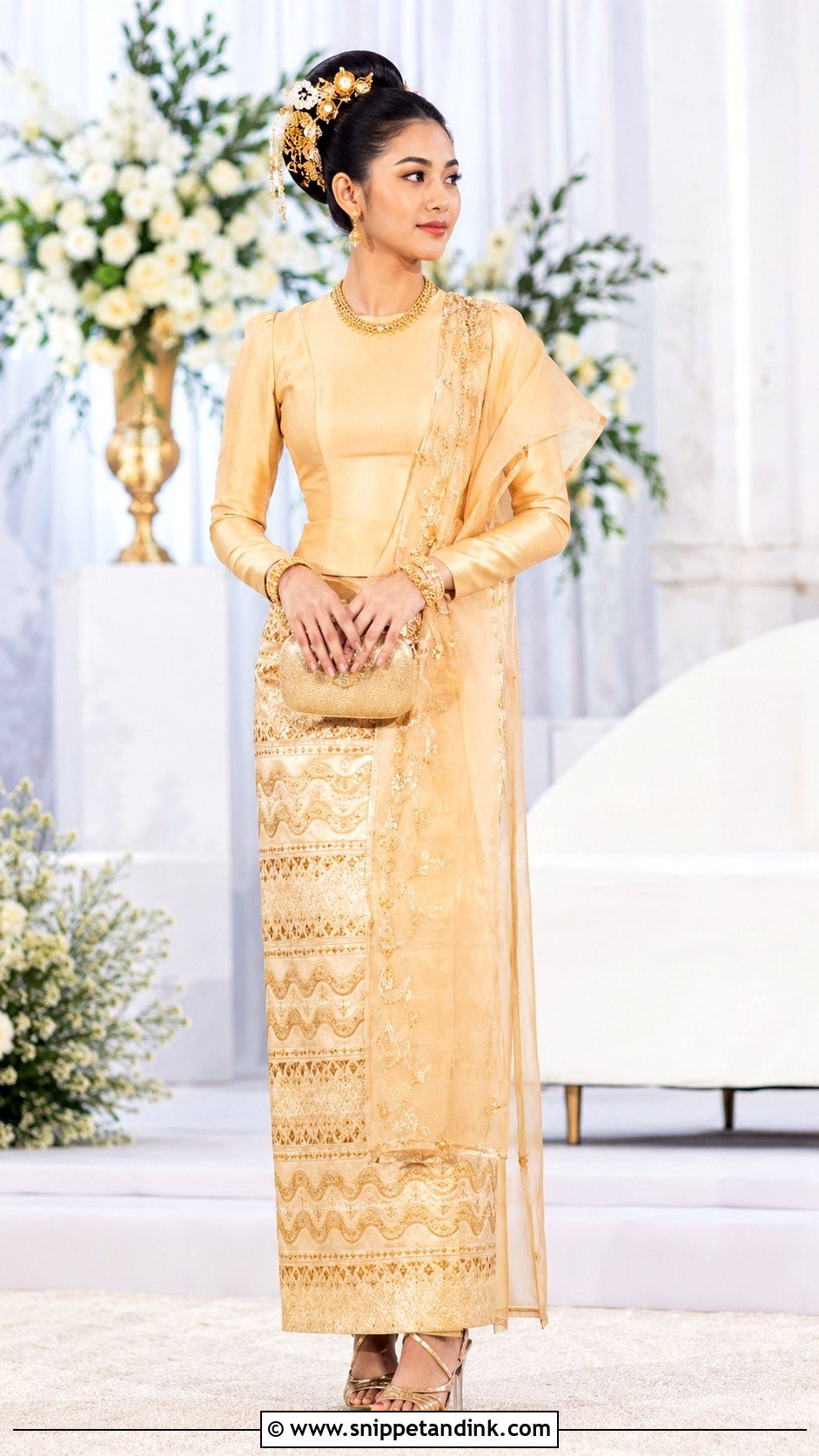 Myanmar Wedding Dress With Statement Hairpiece - Snippet and Ink - 25 Myanmar Traditional Wedding Dress Ideas