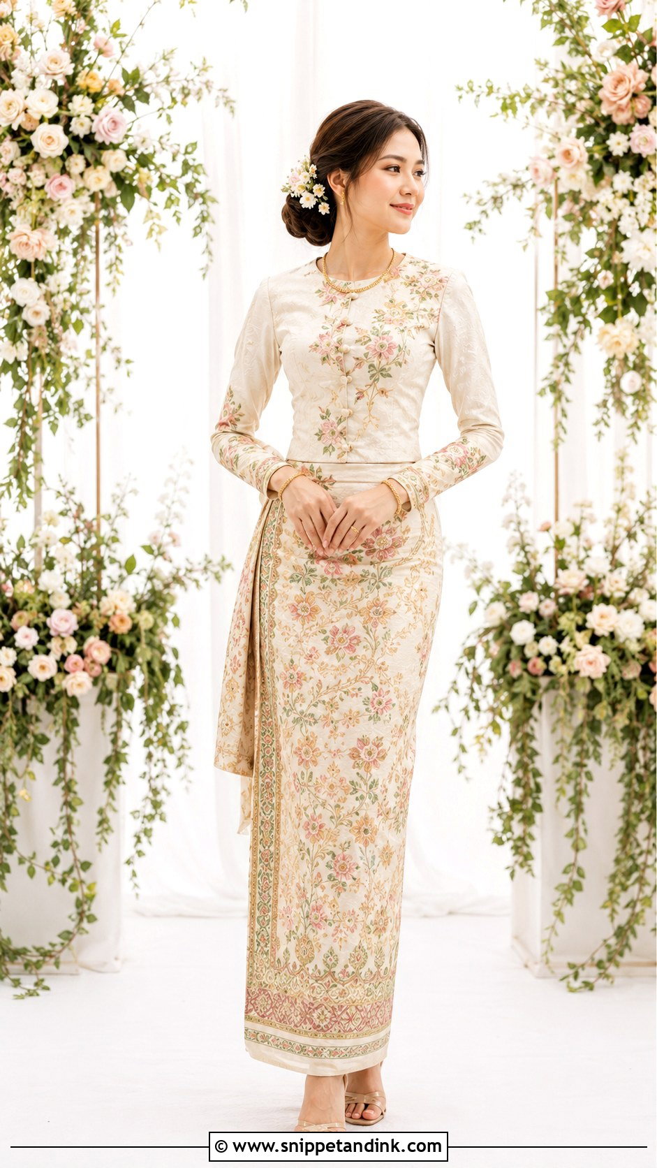 Myanmar Wedding Dress With Traditional Floral Motif - Snippet and Ink - 25 Myanmar Traditional Wedding Dress Ideas