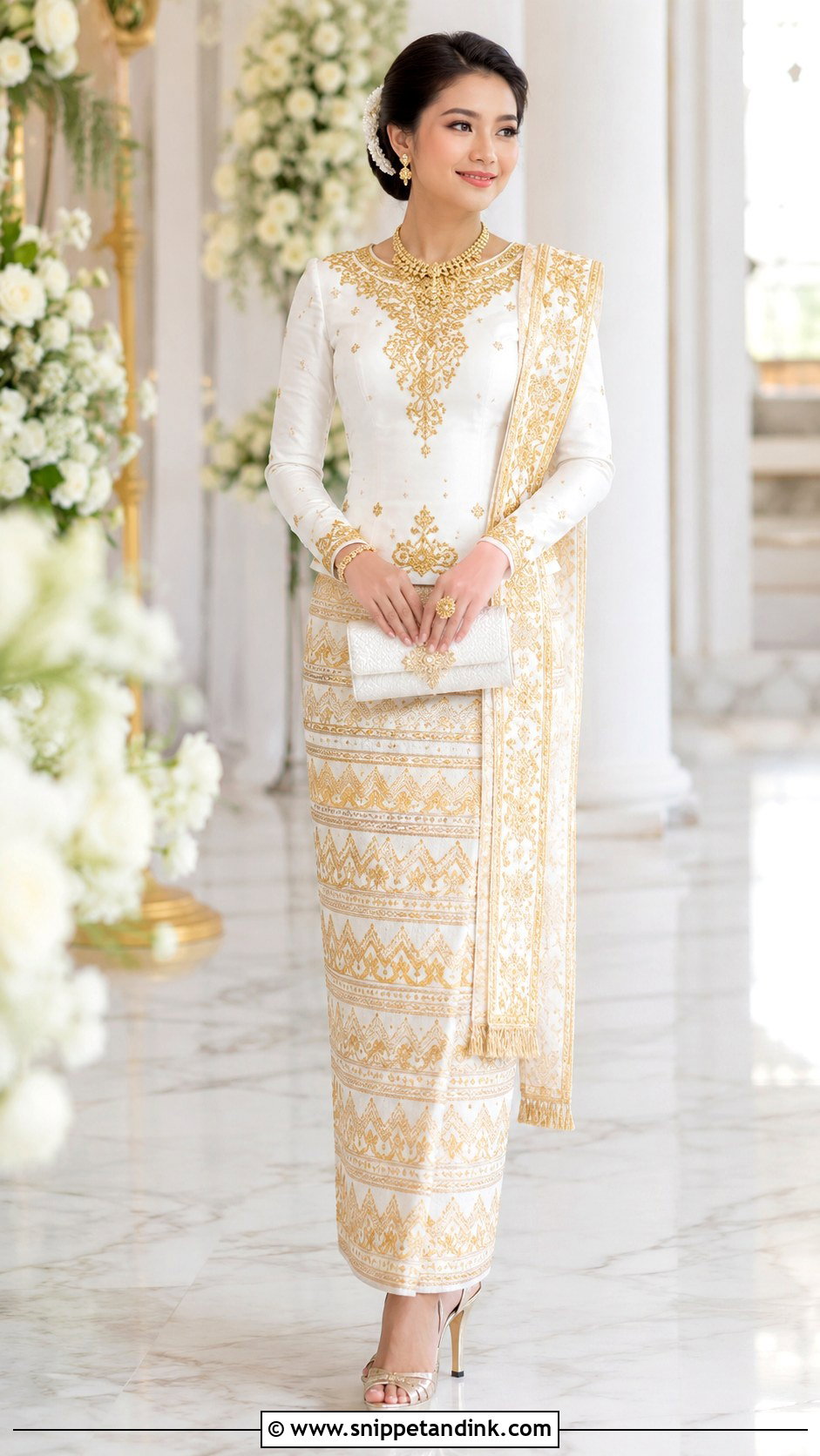 Myanmar Wedding Dress With White And Gold Colors - Snippet and Ink - 25 Myanmar Traditional Wedding Dress Ideas