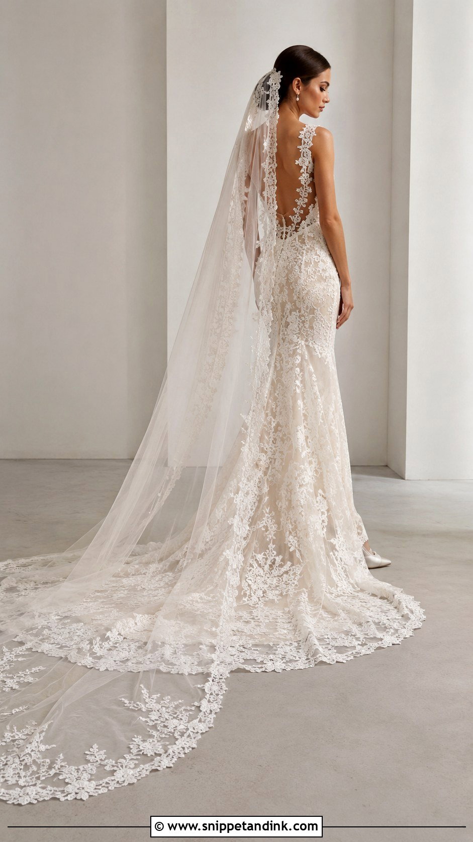 Narrow Lace Mantilla Cathedral Veil With Lace Gown - Snippet and Ink - 20 Mantilla Cathedral Veil Ideas