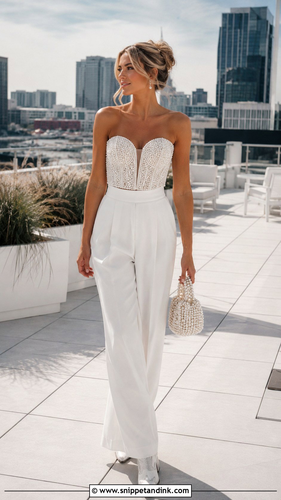 Nashville Bride Pearl Top And White Trousers Outfit - Snippet and Ink - 20 Nashville Bride Outfit Ideas