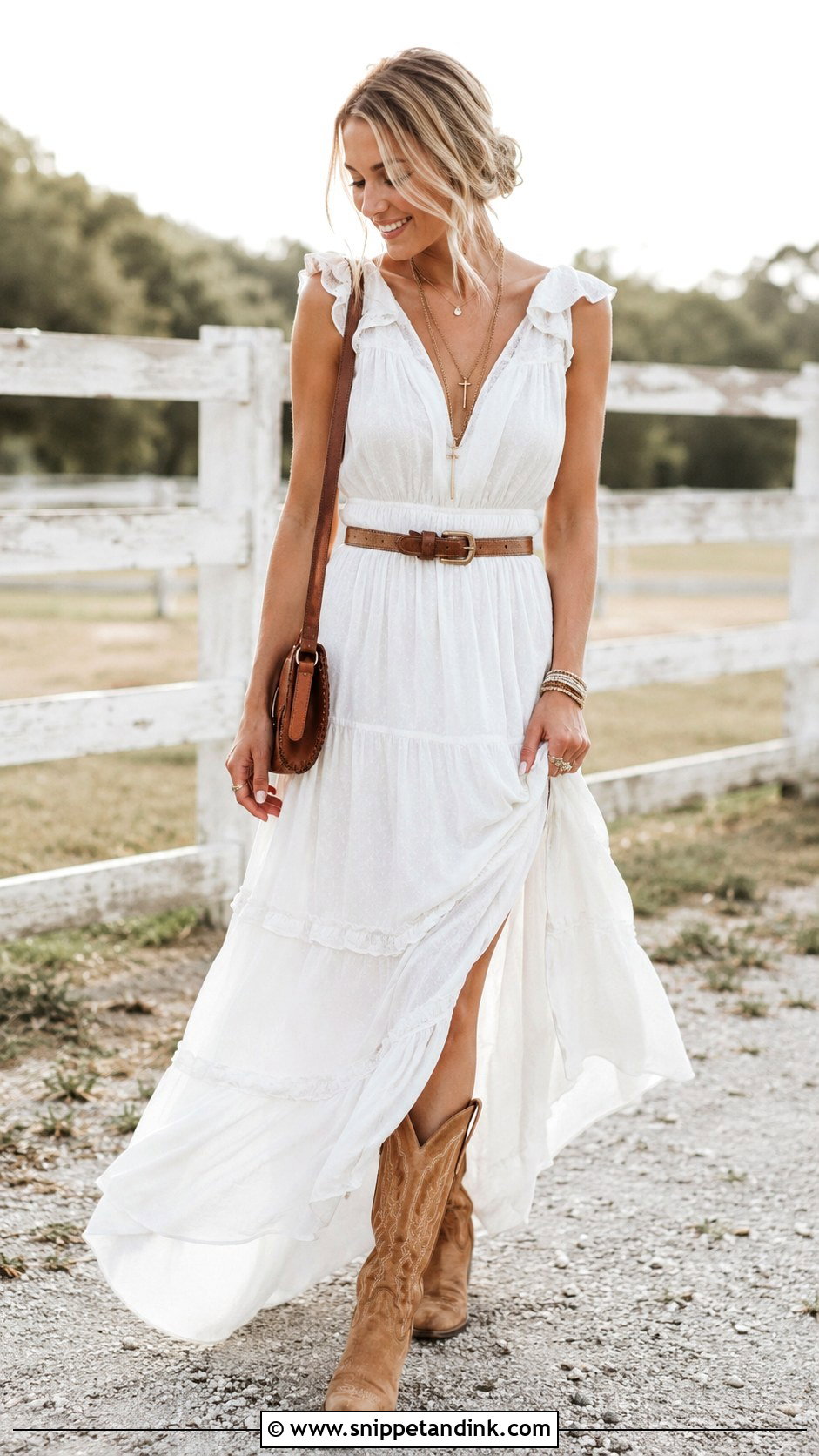 Nashville Bride White Maxi Dress And Boots Outfit - Snippet and Ink - 20 Nashville Bride Outfit Ideas