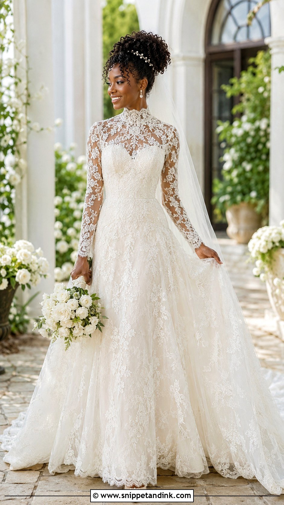 Natural Curly Updo For High Neck Wedding Dress - Snippet and Ink - 20 High Neck Wedding Dress Hairstyle Ideas