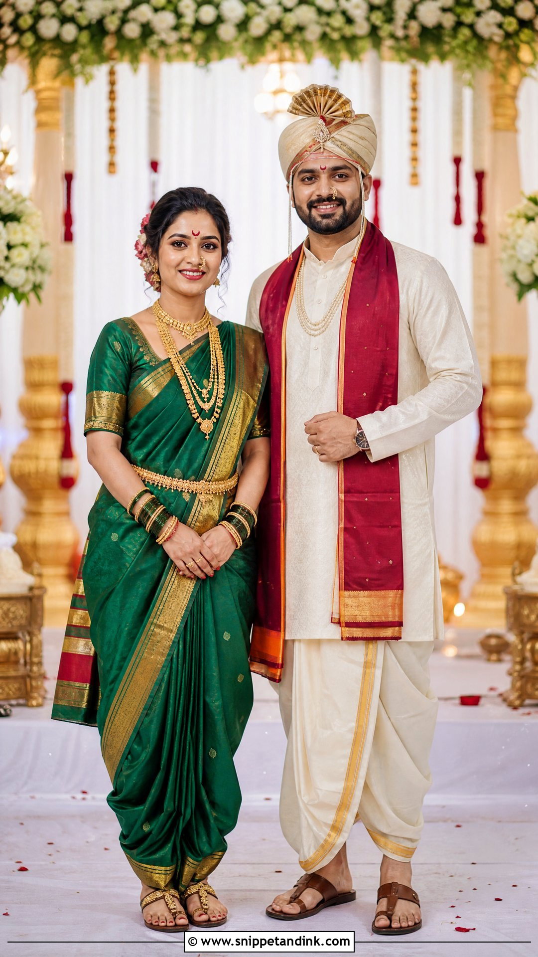 Nauvari Saree And Groom Dhoti Kurta - Snippet and Ink - 25 Indian Wedding Couple Dress Ideas