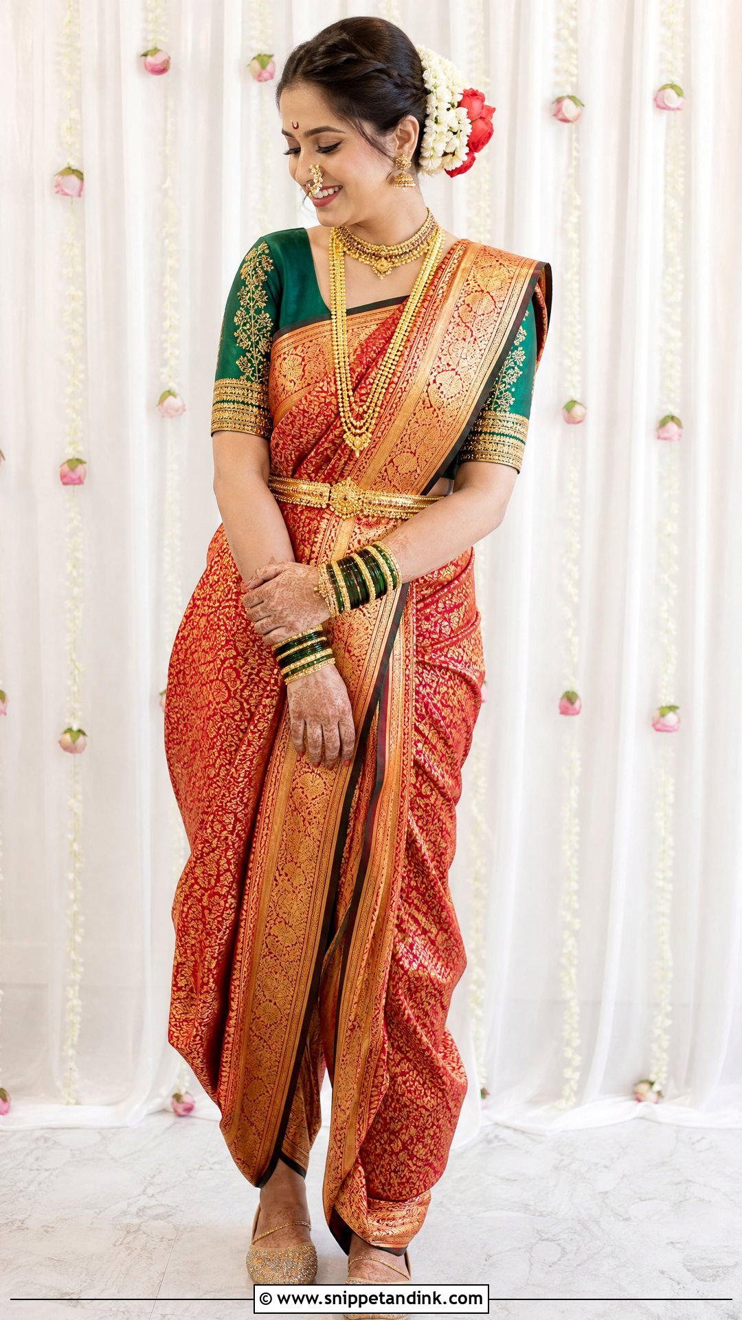 Nauwari Bride Look With Floral Bun - Snippet and Ink - 25 Nauwari Bride Look Ideas