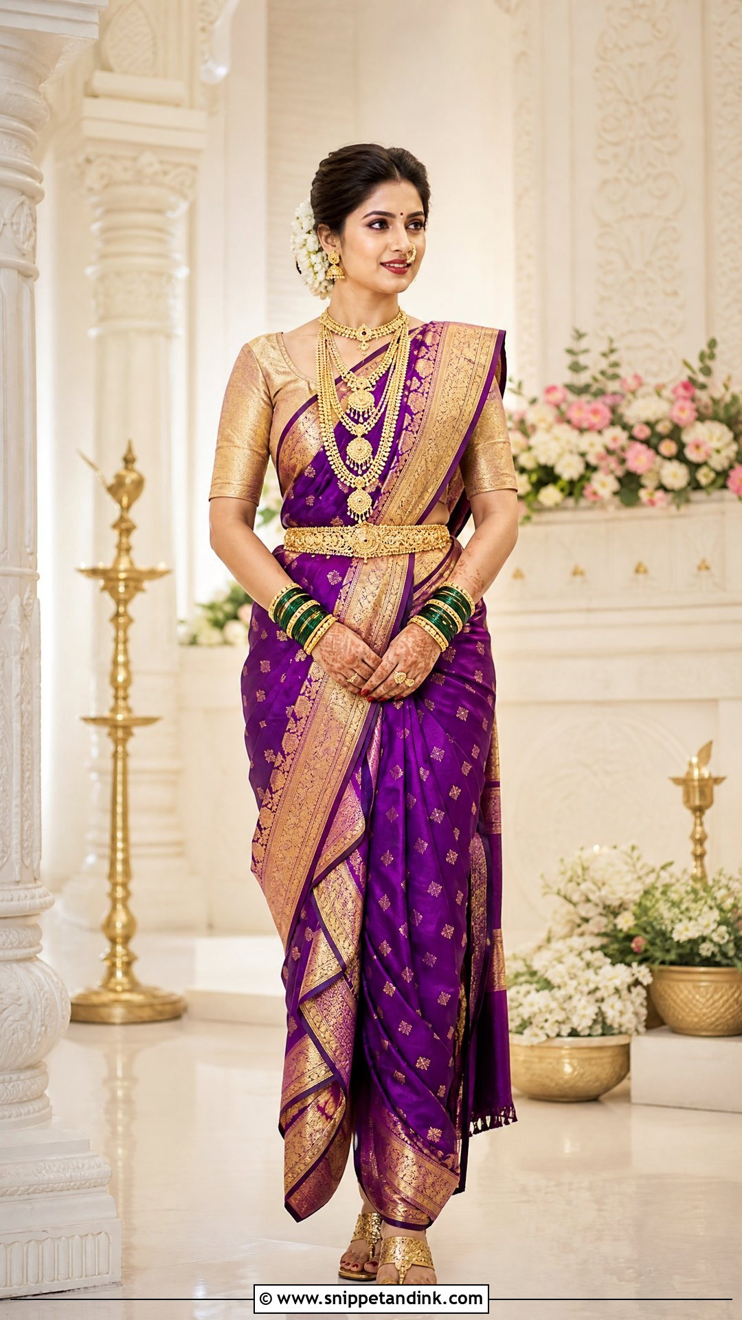 Nauwari Bride Look With Gold Waist Belt - Snippet and Ink - 25 Nauwari Bride Look Ideas
