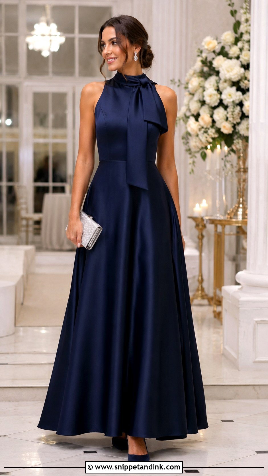 Navy A Line Gown With Neck Scarf - Snippet and Ink - 20 Gown with Neck Scarf Ideas