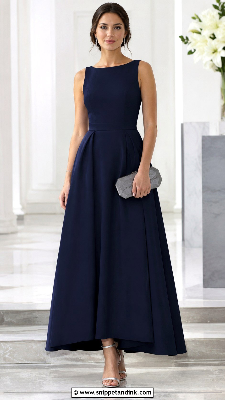 Navy A Line Gown With Silver Accessories - Snippet and Ink - 20 Simple Gown Ideas