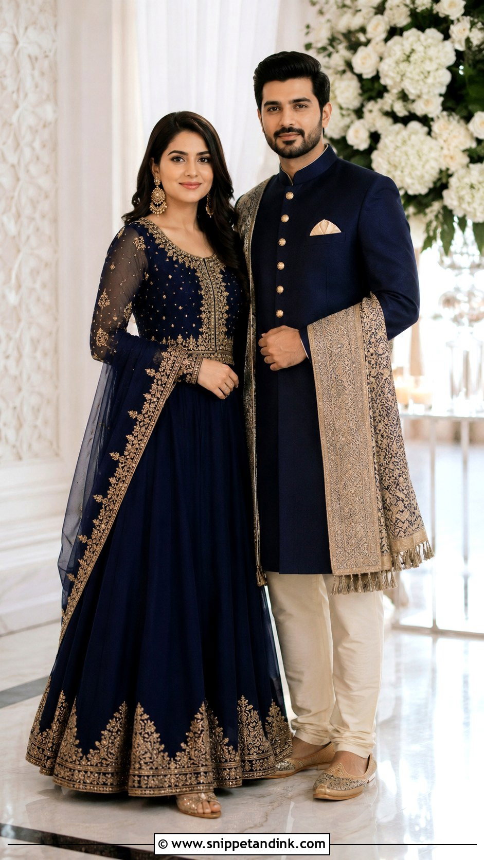 Navy Anarkali And Navy Sherwani Desi Couple Outfit - Snippet and Ink - 20 Desi Couple Outfits