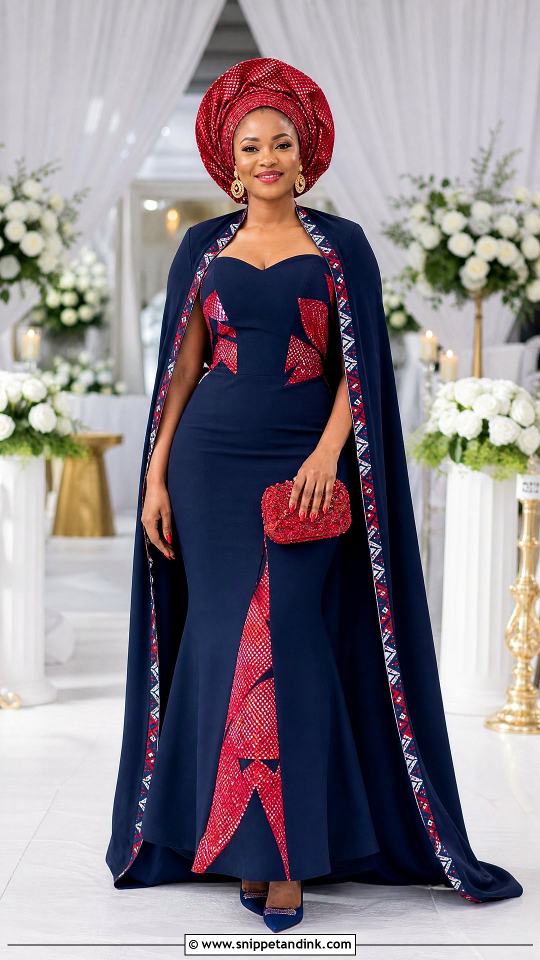 Navy And Red Sepedi Cape Dress - Snippet and Ink - 25 Sepedi Traditional Wedding Dresses