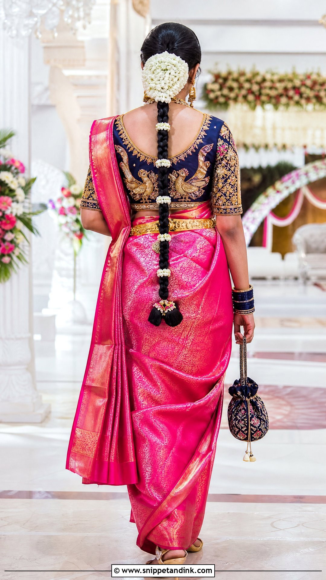 Navy Annapakshi Maggam Work Blouse With Pink Saree - Snippet and Ink - 20 Wedding Maggam Work Blouse Designs