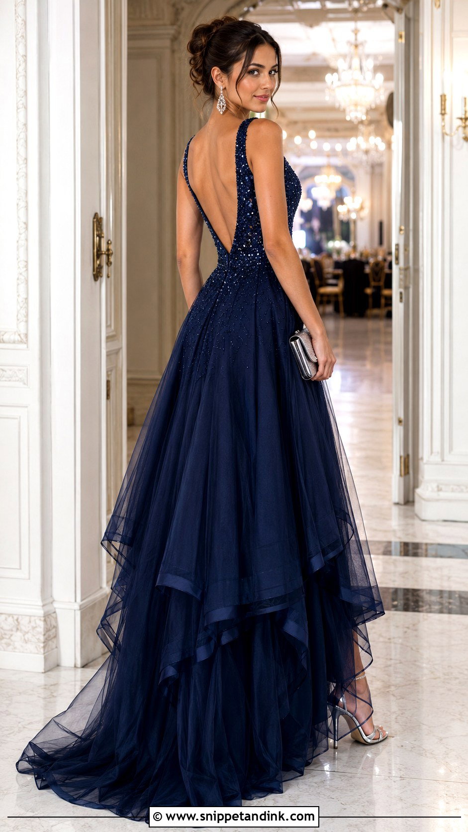 Navy Beaded Backless Ball Gown - Snippet and Ink - 20 Backless Ball Gown Ideas