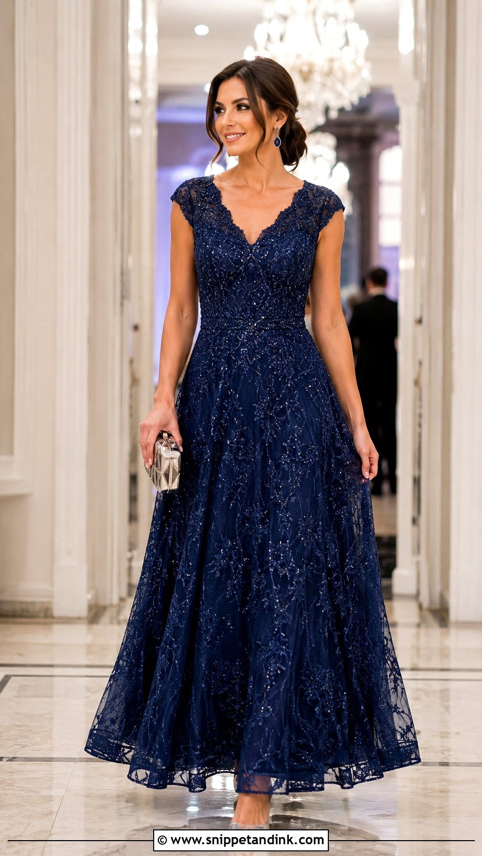 Navy Beaded Lace A Line Gown - Snippet and Ink - 20 Beaded Lace Gown Ideas