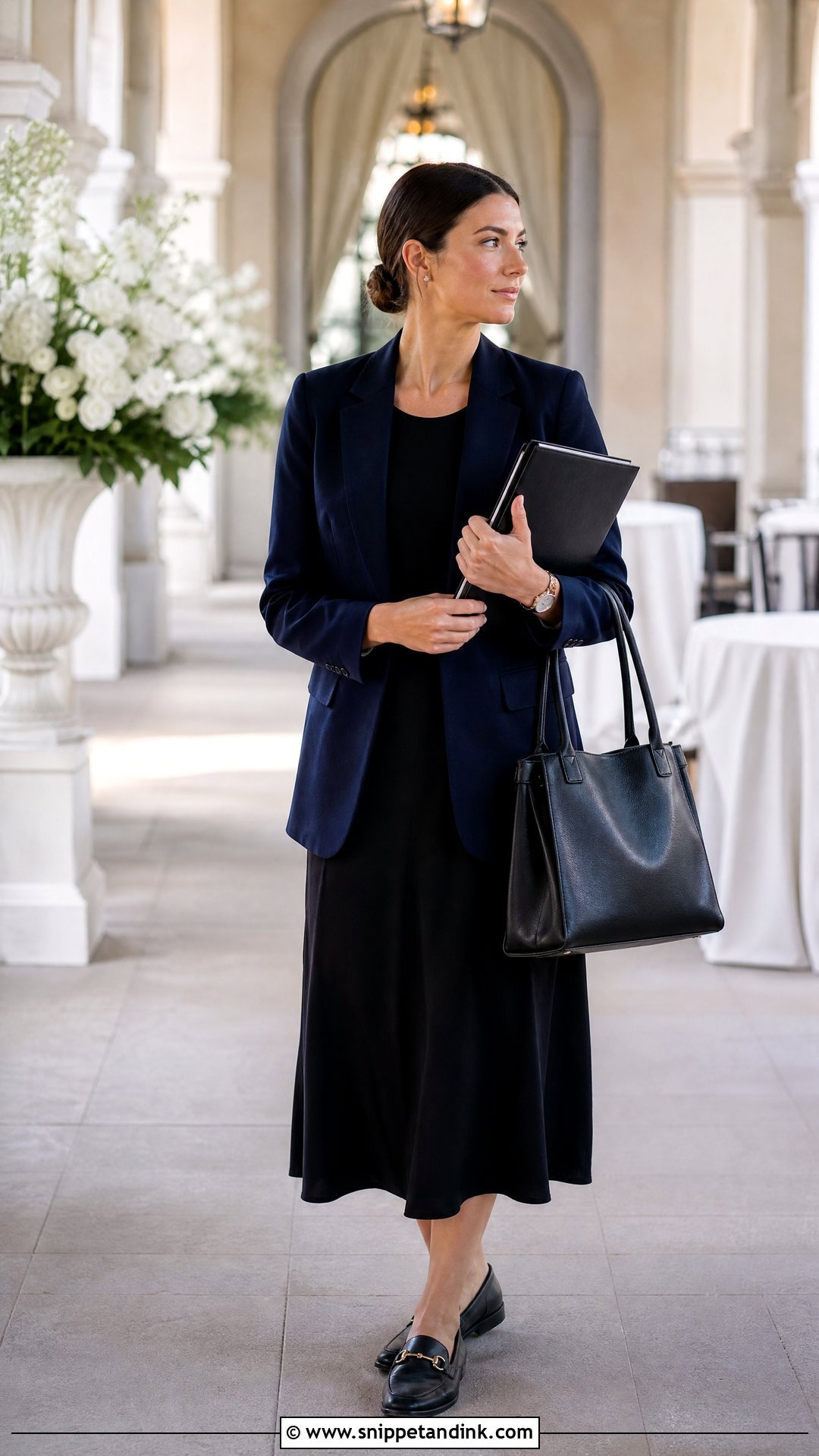 Navy Blazer And Black Dress Wedding Coordinator Outfit - Snippet and Ink - 25 Wedding Coordinator Outfit Ideas