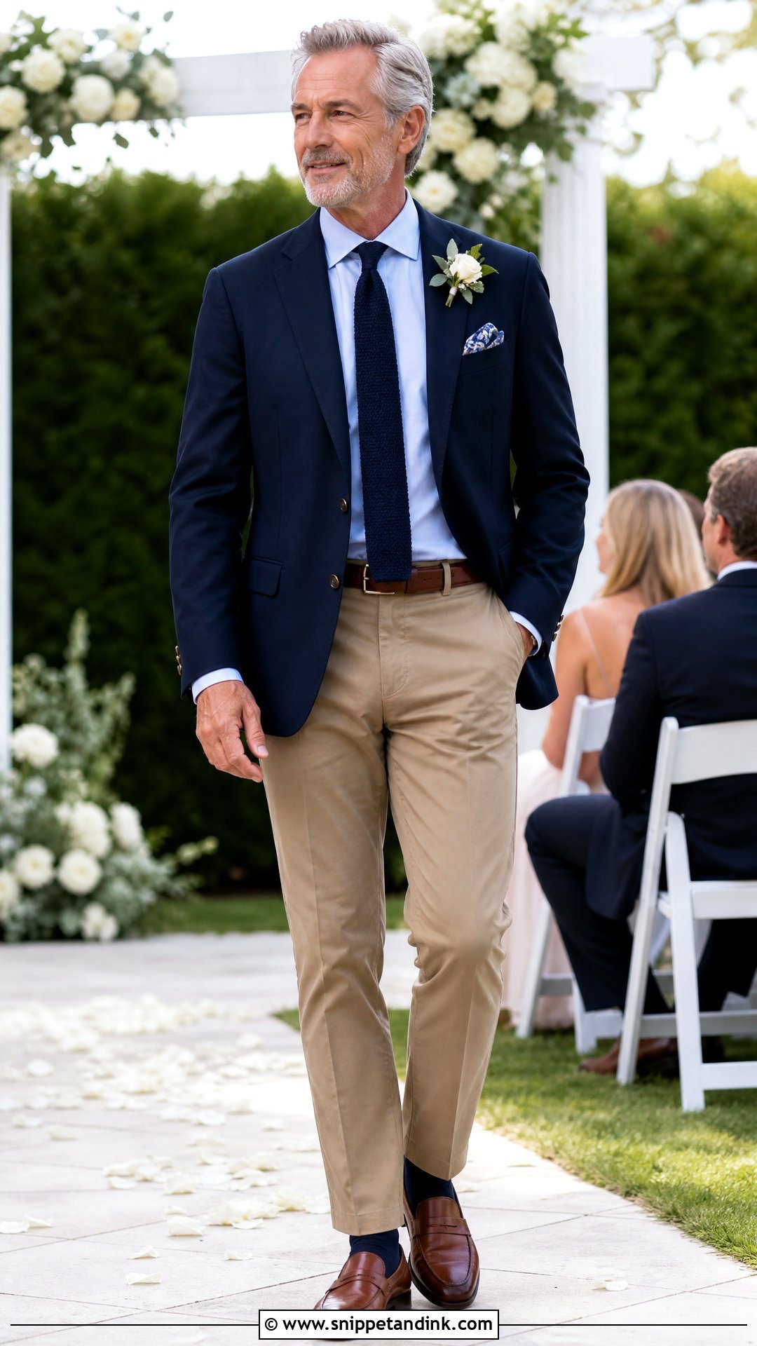 Navy Blazer And Khaki Chinos Father Wedding Outfit - Snippet and Ink - 20 Wedding Outfit for Father Ideas