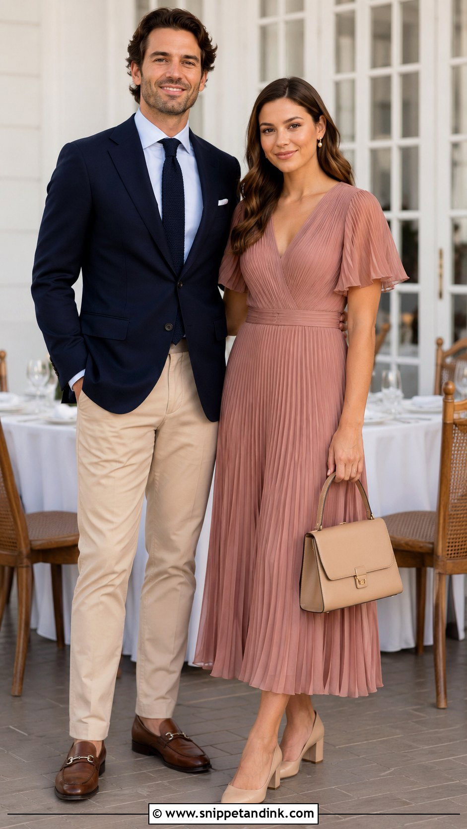Navy Blazer And Pleated Midi Dress Couple Wedding Outfit - Snippet and Ink - 20 Couples Wedding Outfits