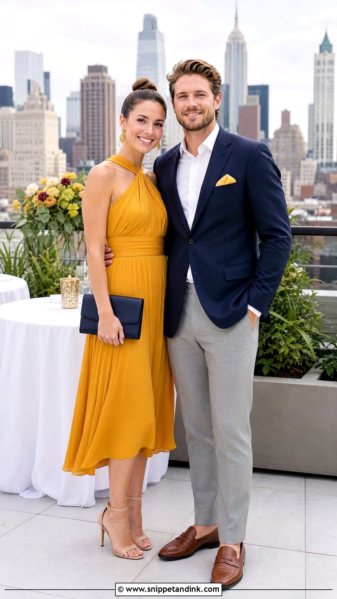 Navy Blazer And Yellow Midi Dress Wedding Outfit - Snippet and Ink - 20 Wedding Date Outfit Couple Ideas
