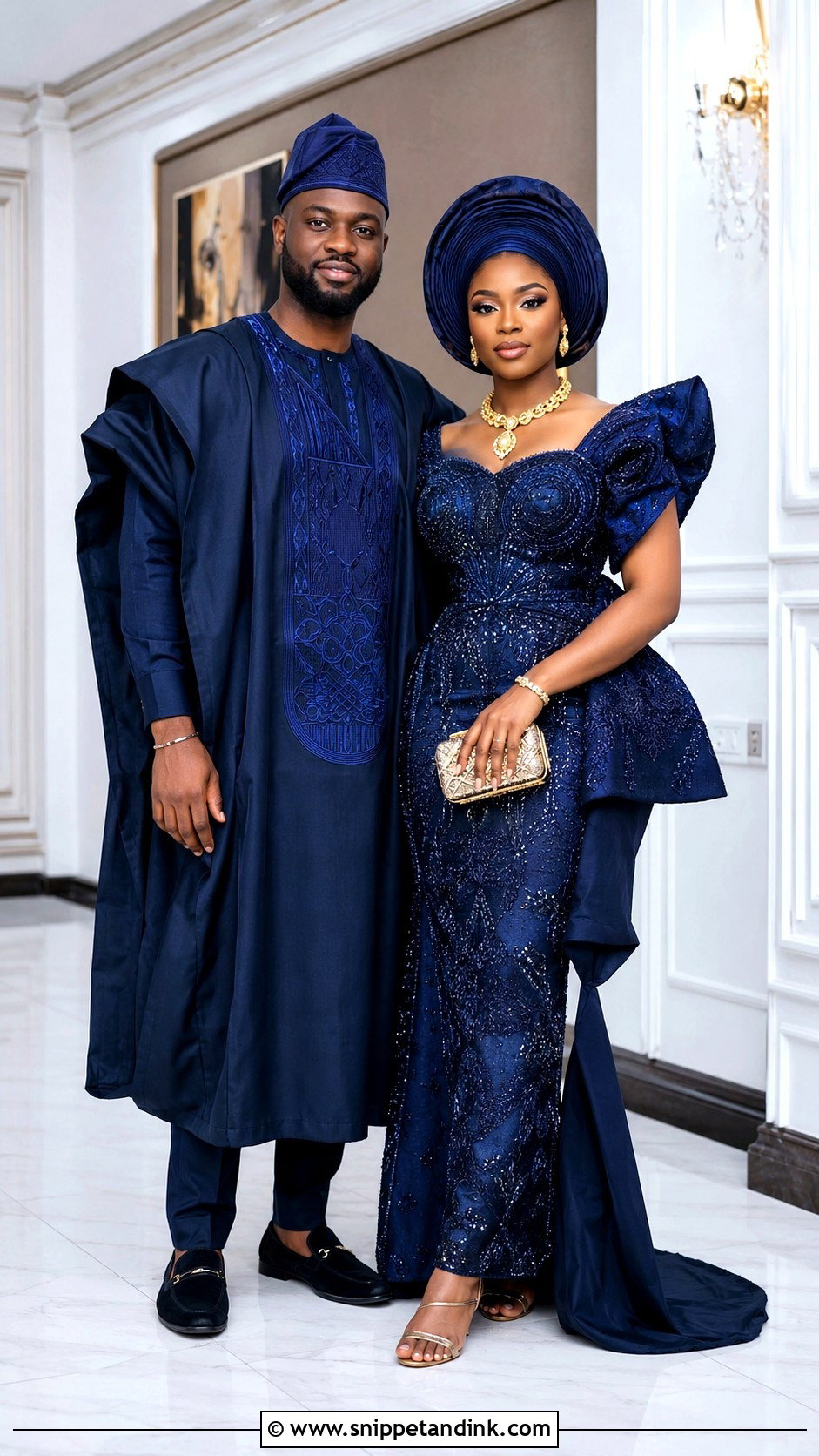 Navy Blue Agbada And Embellished Gown - Snippet and Ink - 20 Navy Blue Couple Wedding Outfits