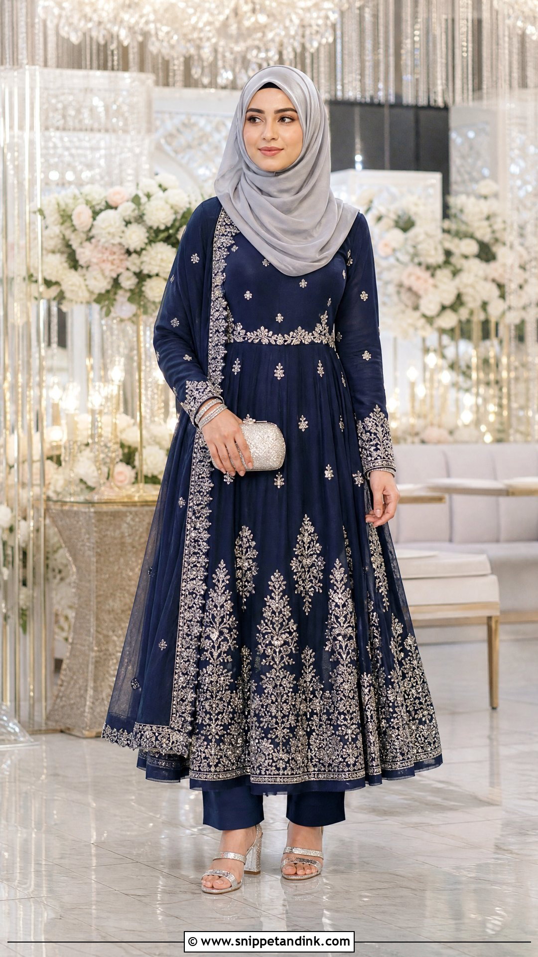 Navy Blue Anarkali With Silver Hijab - Snippet and Ink - 20 Pakistani Hijab for Wedding Party Ideas
