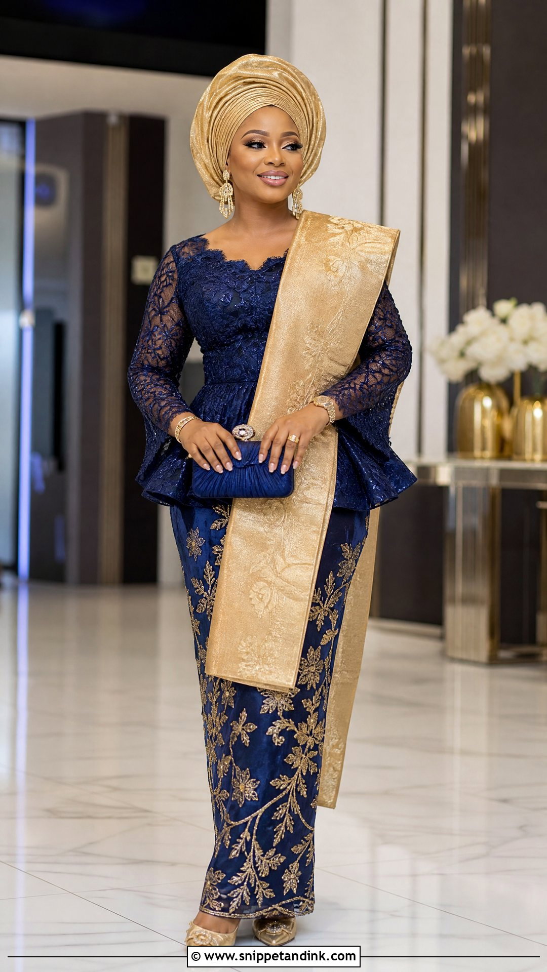 Navy Blue And Gold Iro And Buba Outfit - Snippet and Ink - 20 Yoruba Introduction Outfit Ideas