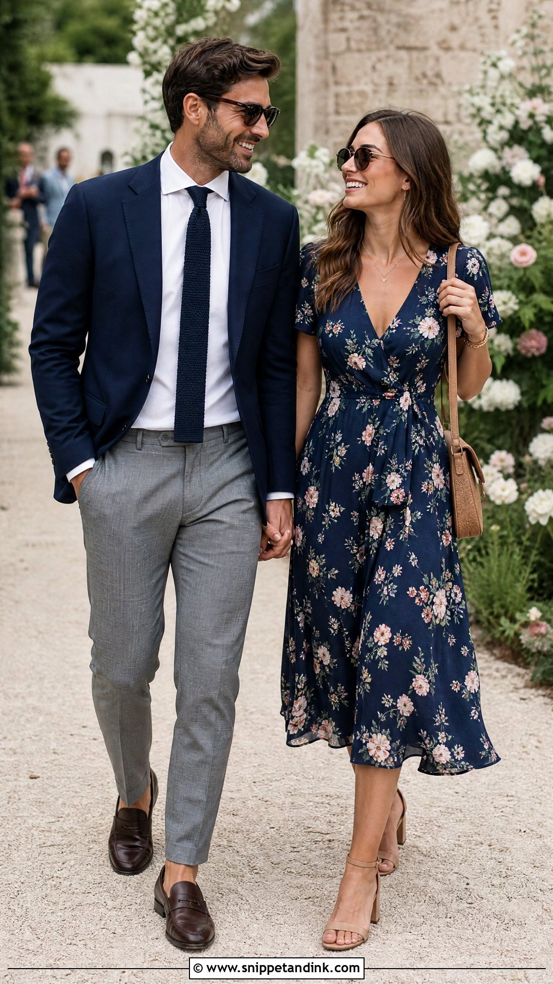 Navy Blue Blazer And Floral Midi Dress - Snippet and Ink - 20 Navy Blue Couple Wedding Outfits