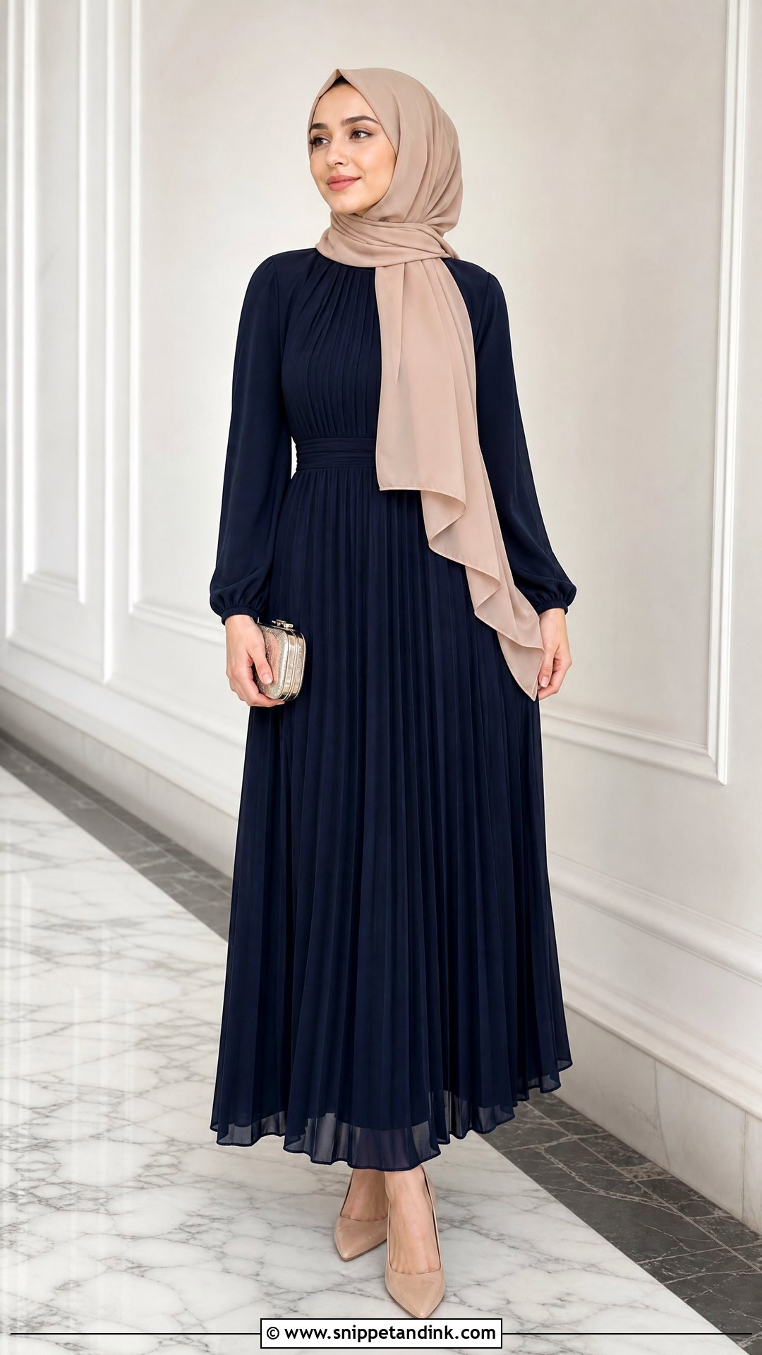 Navy Blue Dress With Nude Hijab - Snippet and Ink - 25 Dresses to Wear to a Wedding Hijab