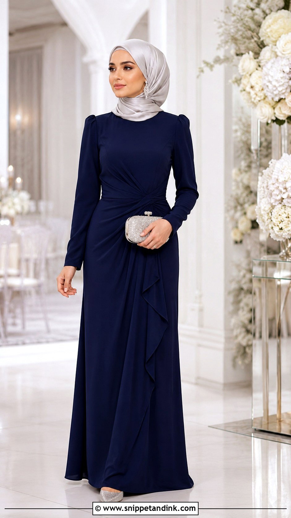 Navy Blue Dress With Silver Hijab - Snippet and Ink - 30 Wedding Hijab Styles